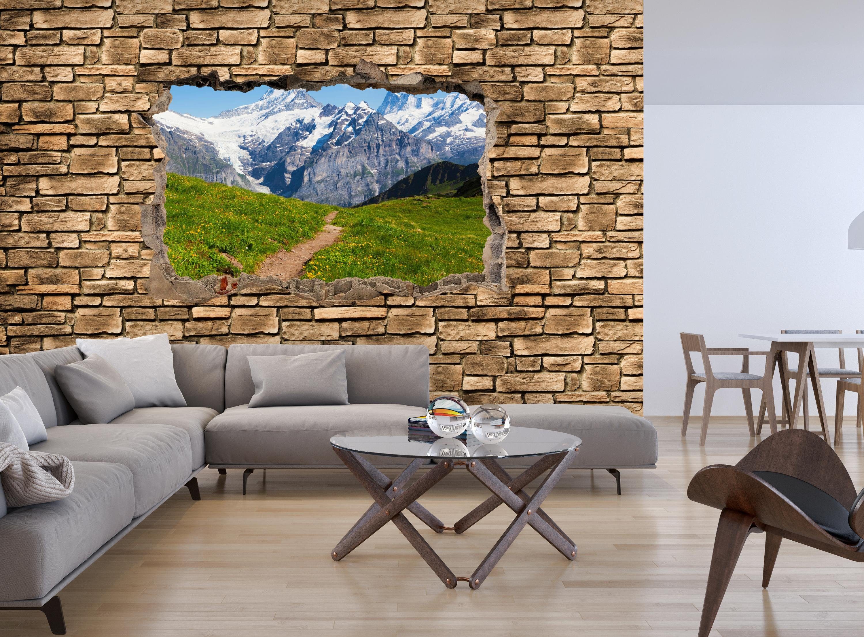 wandmotiv24 Fototapete 3D in Steinmauer, Sommerwiese Vliestapete - Alpen matt, Wandtapete, den Motivtapete, glatt