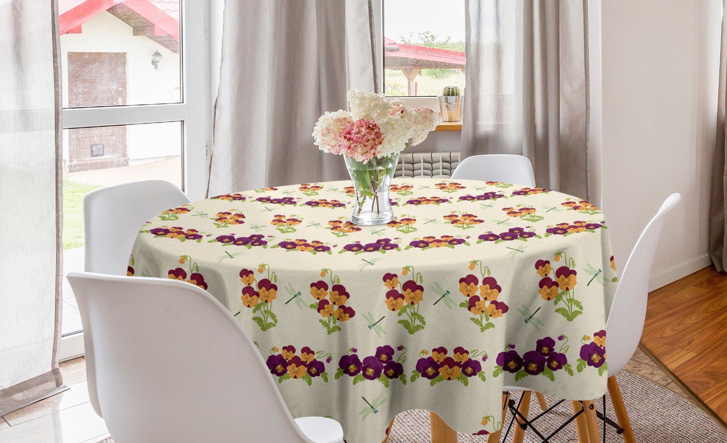 Bunte Abakuhaus Küche Kreis Stiefmütterchen Abdeckung Tischdecke für Esszimmer Blumen Tischdecke Dekoration, Libelle