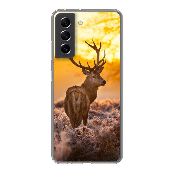 MuchoWow Handyhülle Hirsche - Tiere - Sonnenuntergang - Winter - Heidekraut - Natur Phone Case Handyhülle Samsung Galaxy S21 FE Silikon Schutzhülle