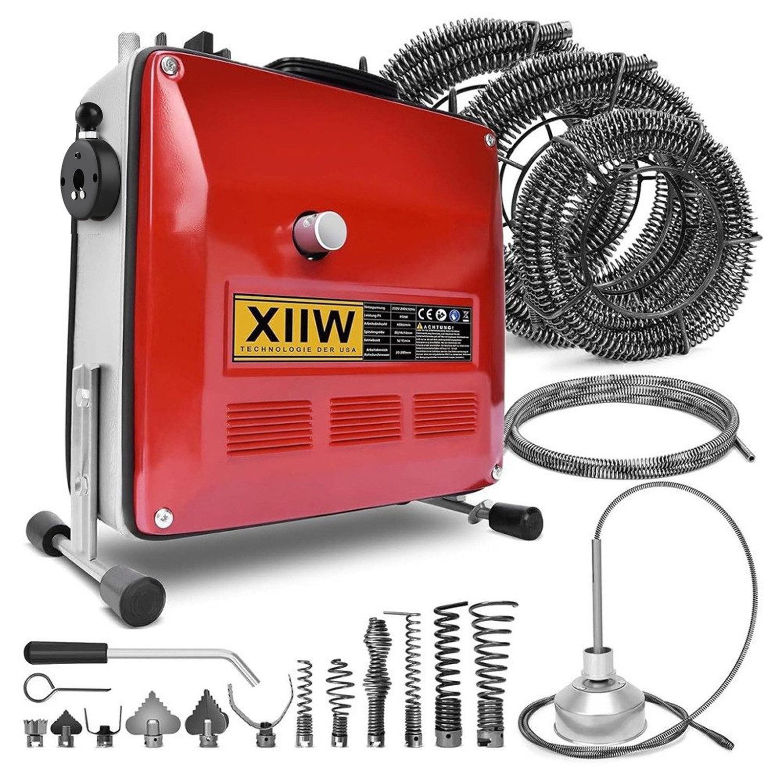 XERSEK Rohrreinigungsspirale Rohrreinigungsgerät 850W mit 28m Ø22mm,14.5m Ø16mm, 5m Ø10mm Spirale, 450U/M Reinigung Rohrreinigungsmaschine Ø20-200mm