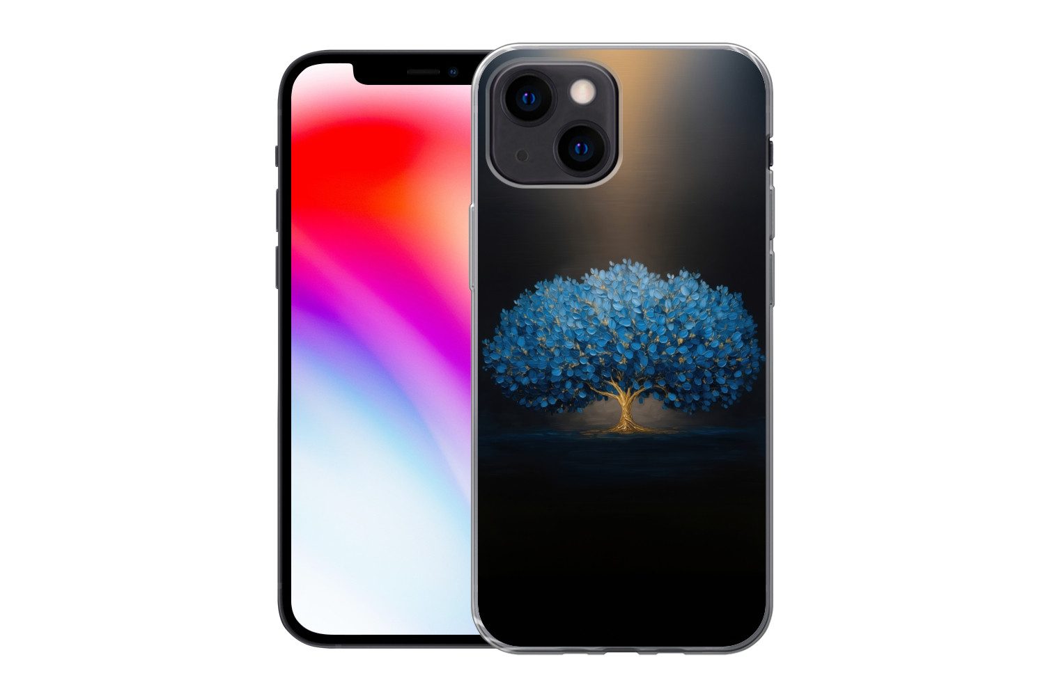 MuchoWow Handyhülle für Apple iPhone 13 mini Baum - Blau - Blätter - Pinselstriche, Smartphone-Bumper, Print, Handy Schutzhülle Dünn