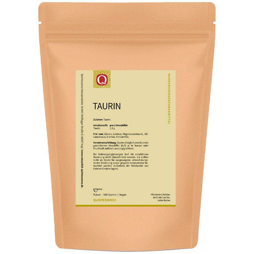Quintessence Taurin - hochdosiert - ohne Zusatzstoffe - veganes, vegetarisches Pulver, 500 g, Hochwertige Premiumqualität - 100 % reines Taurin-Pulver