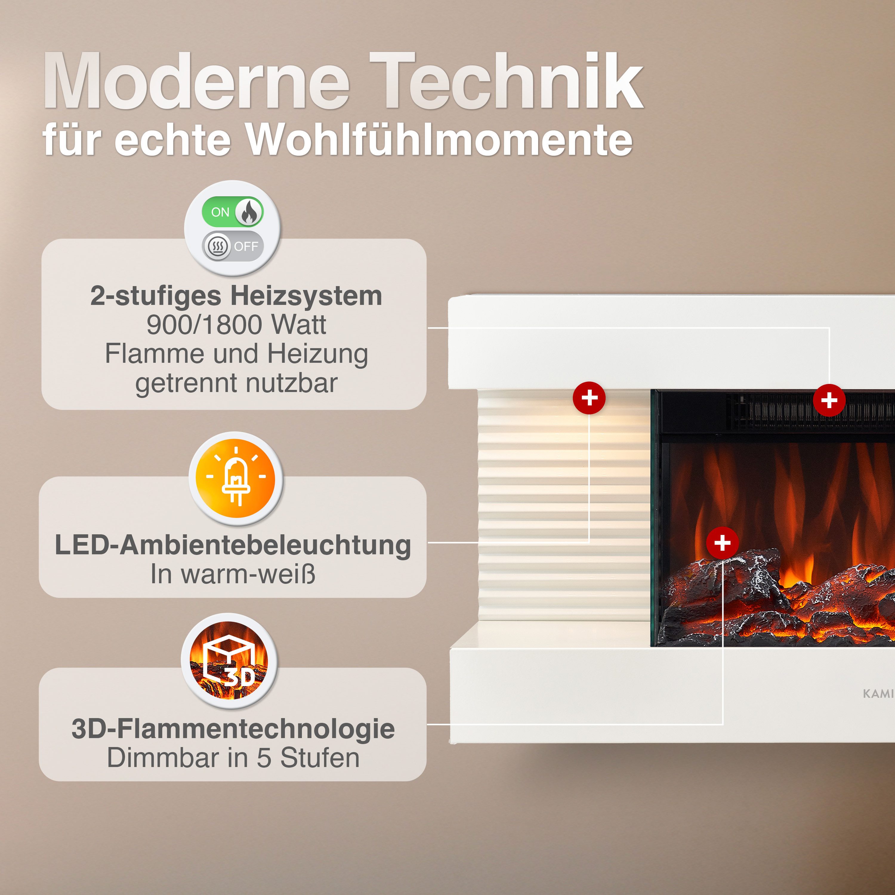 KAMINIO Elektrokamin LIZ, Elektrischer Kamin: 3D-Flammeneffekt, LED-Ambientelicht, Heizung 1800W