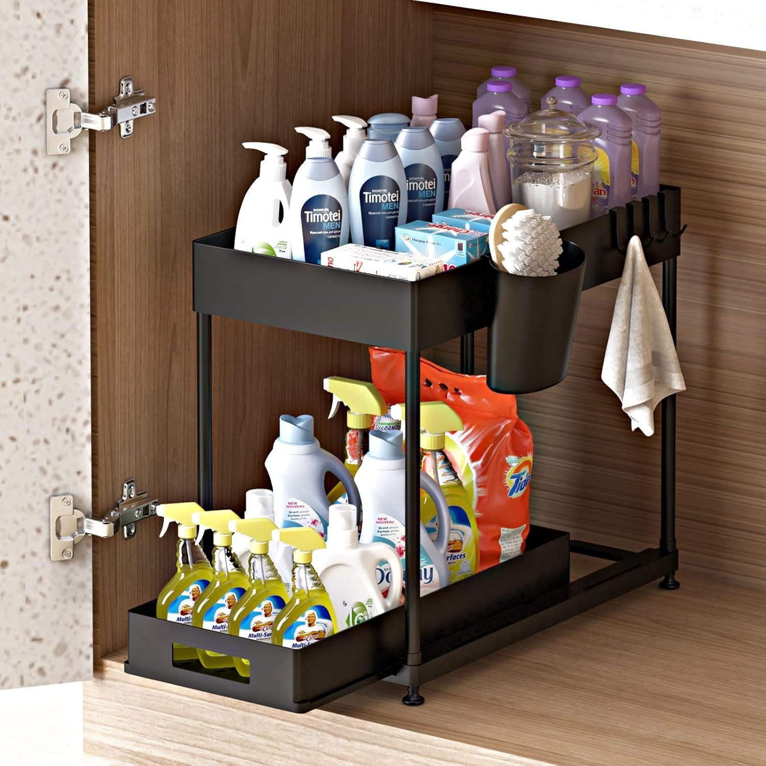 Refined Living Ablageregal Waschbecken Regal, Küchenschrank Organizer, Spülschrankregal Organizer, Lagerregal mit 2 Ebenen, mit Schiebeschublade, 4 Haken und 1  – Bild 3 von 5