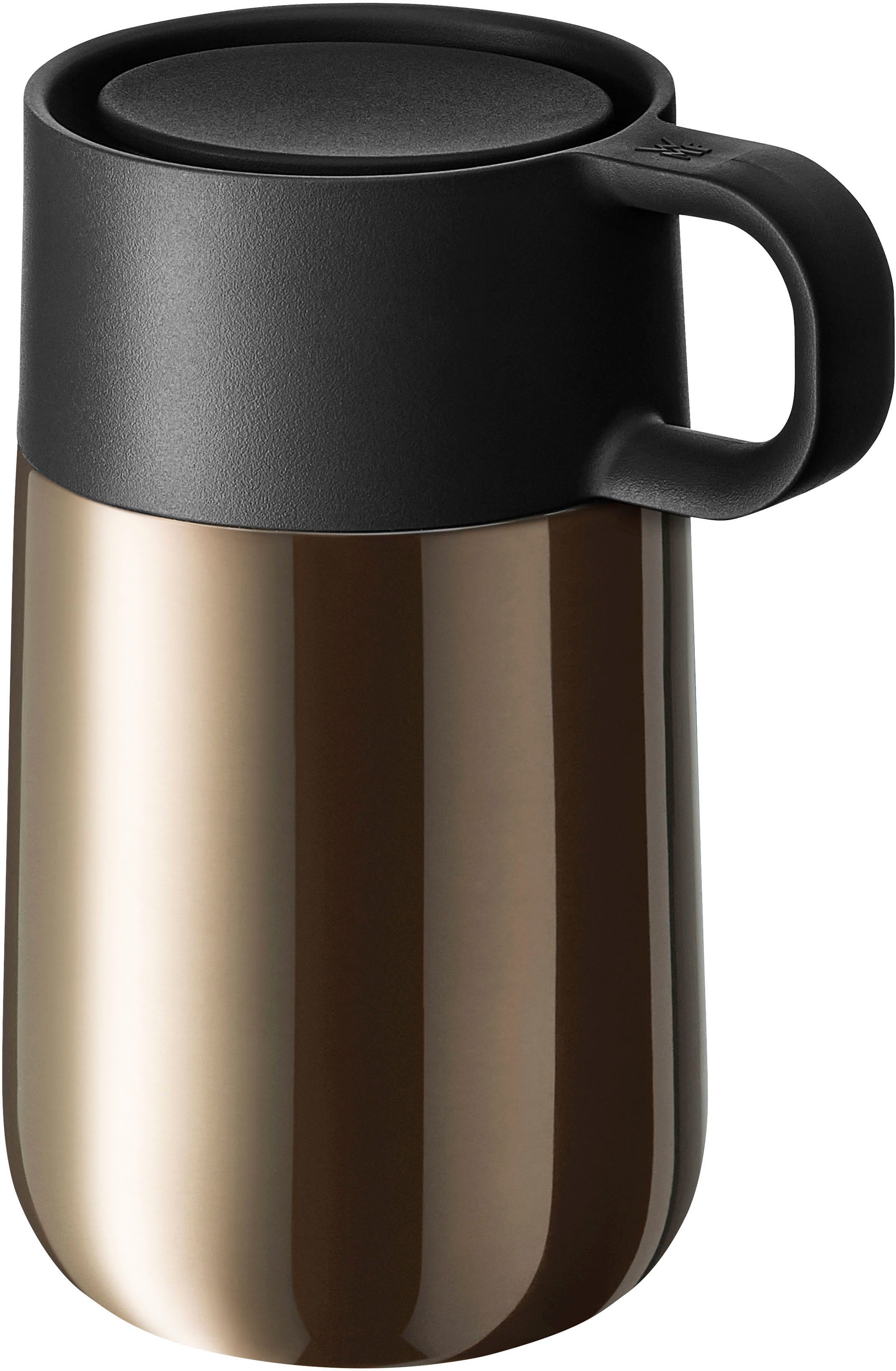 WMF Thermobecher Impulse Travel Mug, Cromargan® Edelstahl Rostfrei 18/10, Silikon, doppelwandiger Edelstahl, geringe Höhe, 360°-Trinköffnung