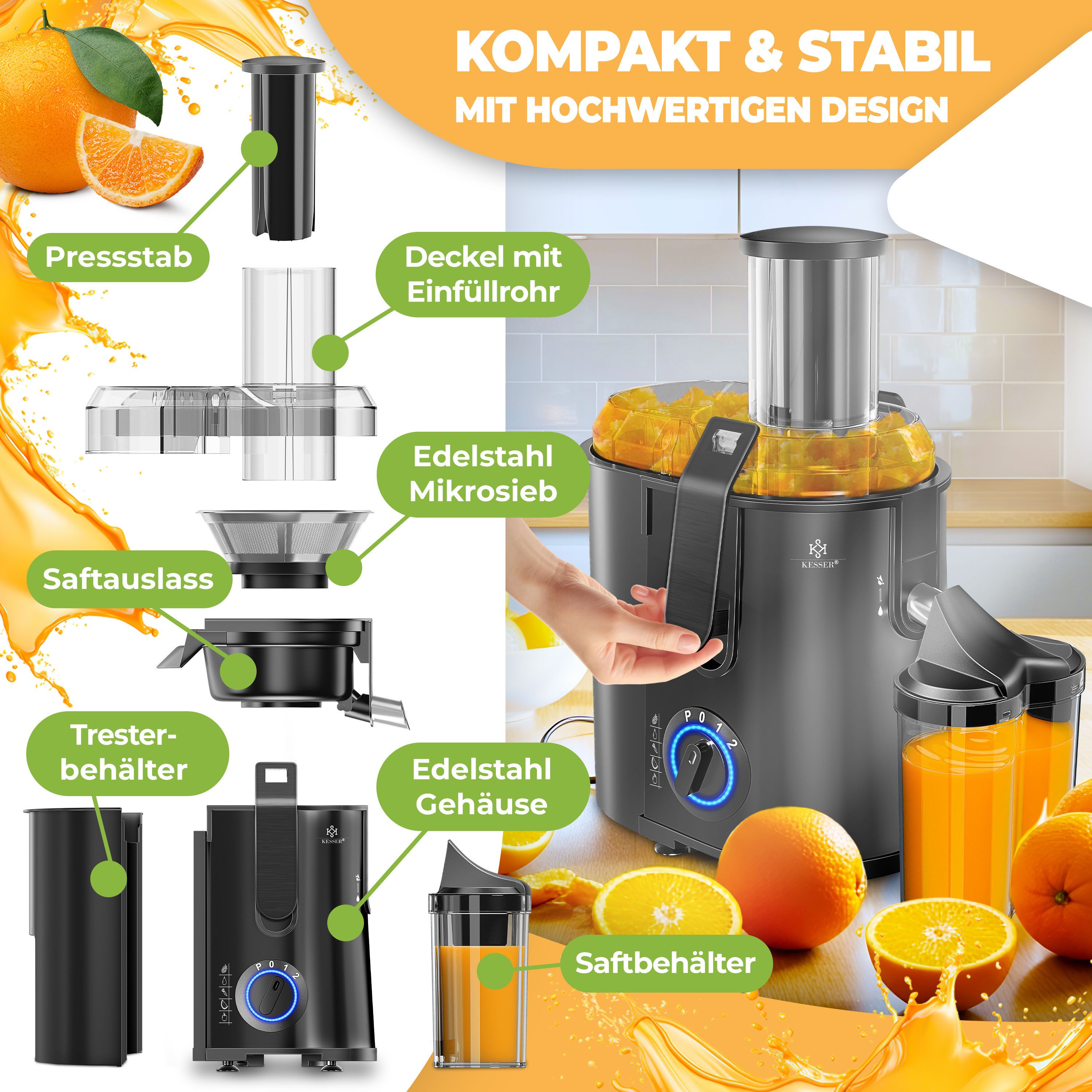 KESSER Entsafter, 1100 W, Entsafter für Obst und Gemüse aus Edelstahl 1100W