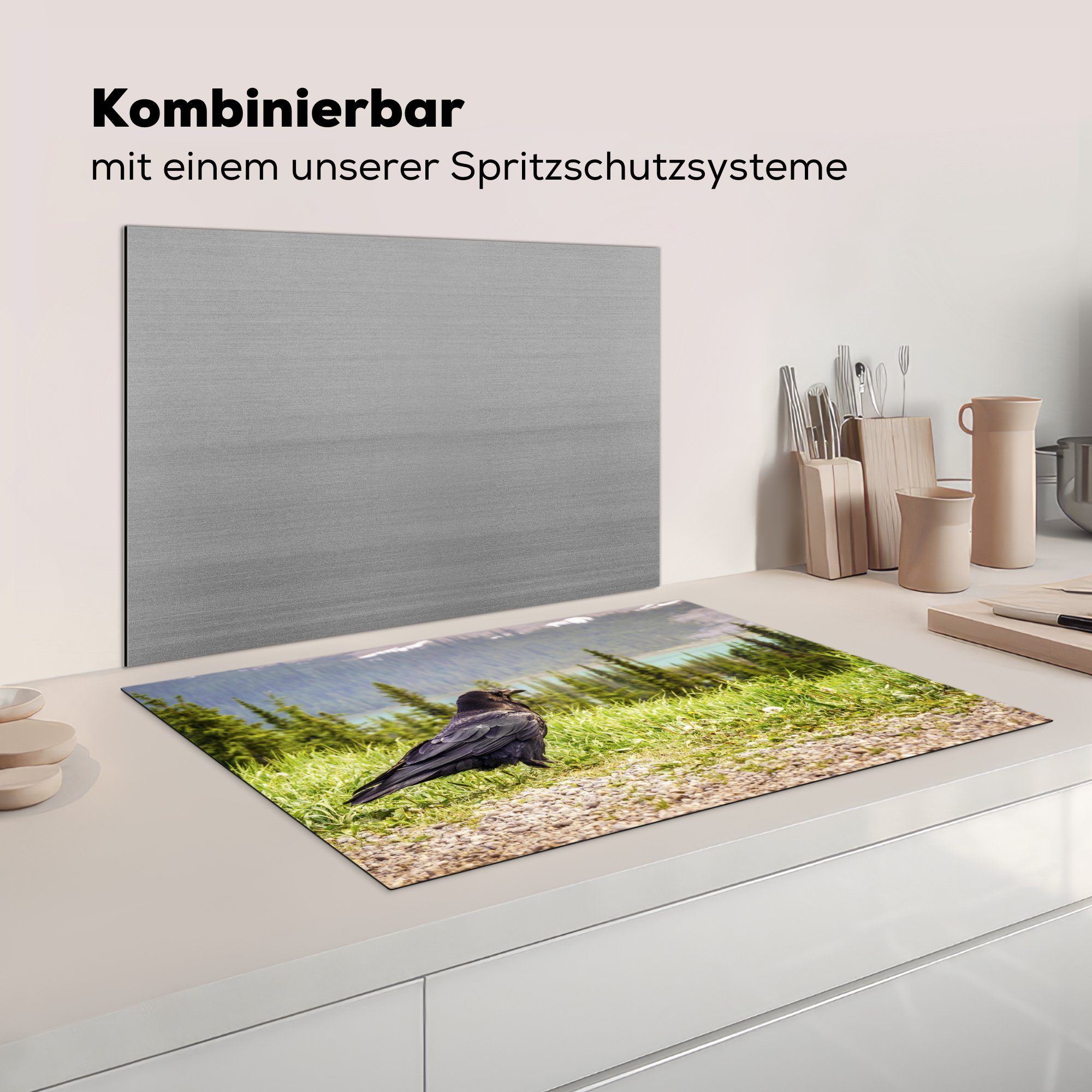 die tlg), Landschaft, 81x52 auf Vinyl, Herdblende-/Abdeckplatte für Schutz mit eine MuchoWow Rabe cm, Ceranfeldabdeckung Blick küche, Induktionskochfeld (1