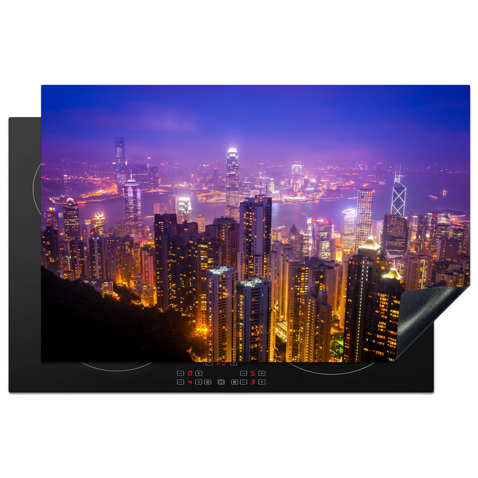 MuchoWow Herdblende-/Abdeckplatte Blick vom Victoria Peak über Hongkong bei Nacht, Vinyl, (1 tlg), 81x52 cm, Induktionskochfeld Schutz für die küche, Ceranfeldabdeckung