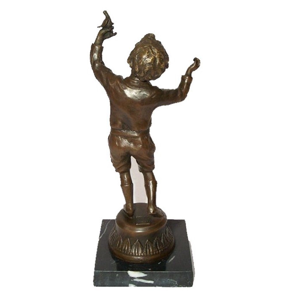 Dekoobjekt Knabe Knabe Bronze mit Milo mit Linoows Skulptur, Vogel Vogel, Edle Bronze signiert Bronzefigur,