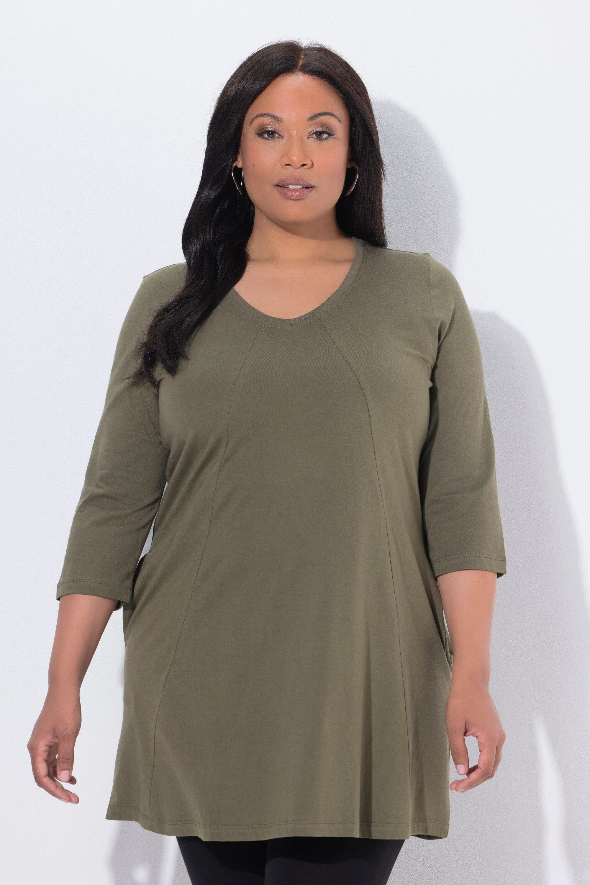 Longshirt Longshirt Ziernähte A-Linie V-Ausschnitt 3/4-Arm