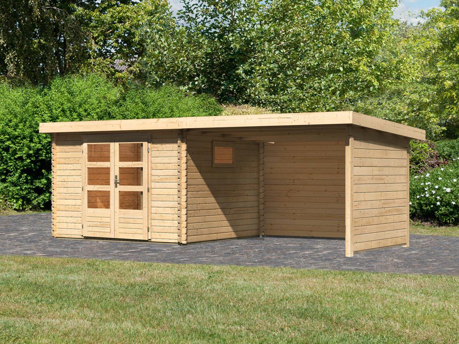WOODFeeling Gartenhaus Trittau 3, BxT: 616,5x333 cm, mit Anbaudach