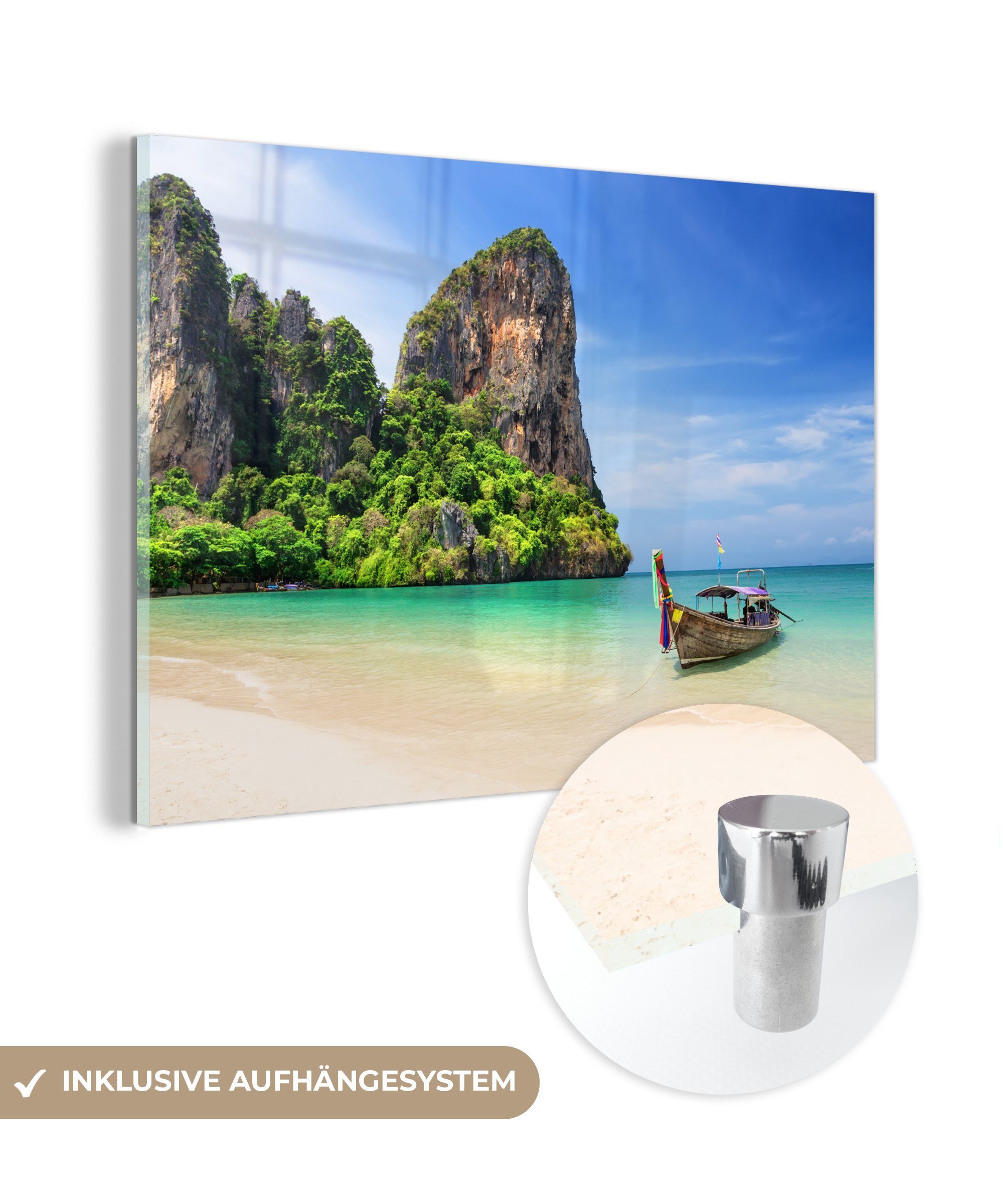 MuchoWow Acrylglasbild Strand - Meer - Thailand - Boot, (1 St), Glasbilder - Bilder auf Glas Wandbild - Foto auf Glas - Wanddekoration