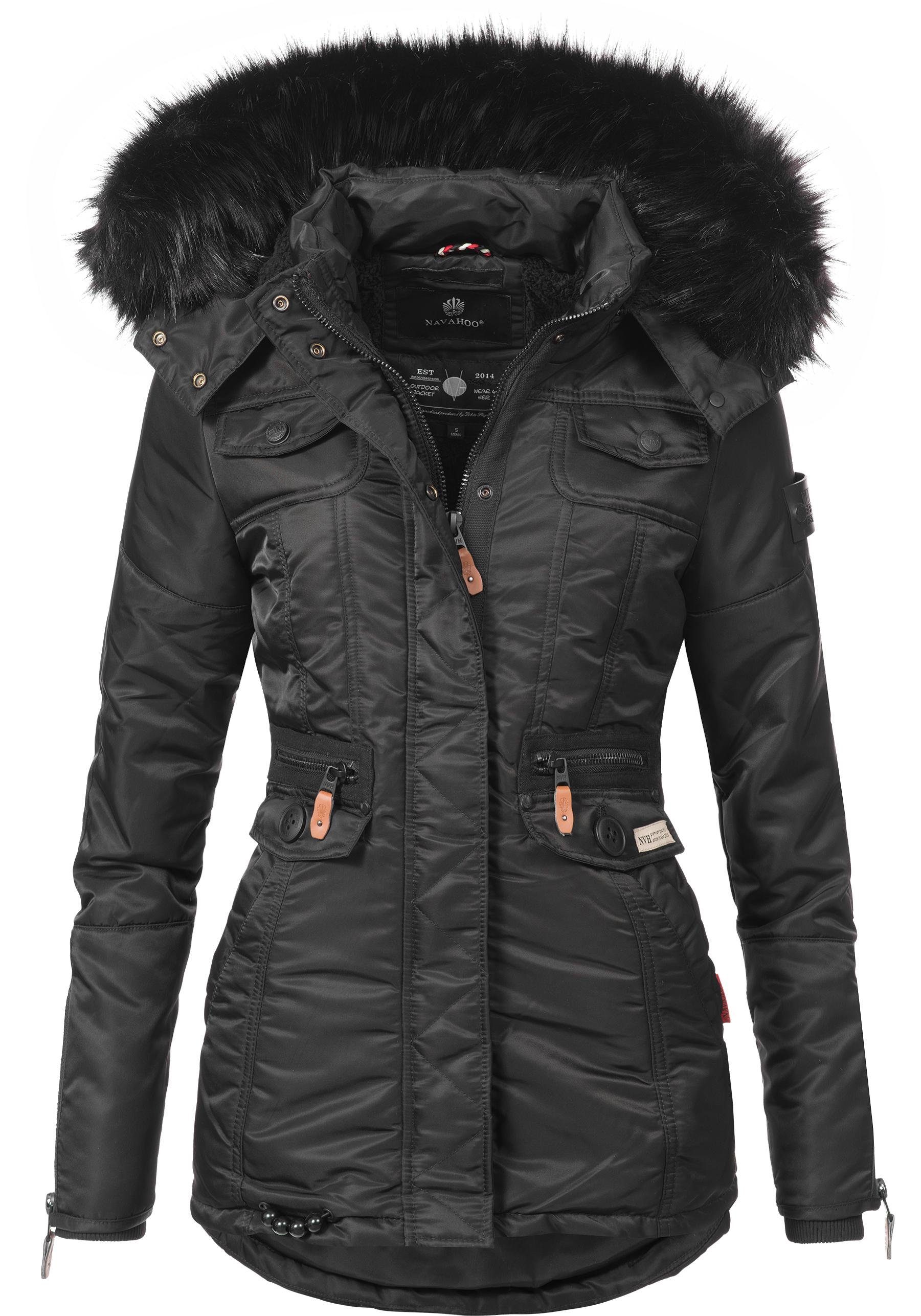 Navahoo Steppmantel Schätzchen warmer Winterparka mit Kunstfellkapuze schwarz