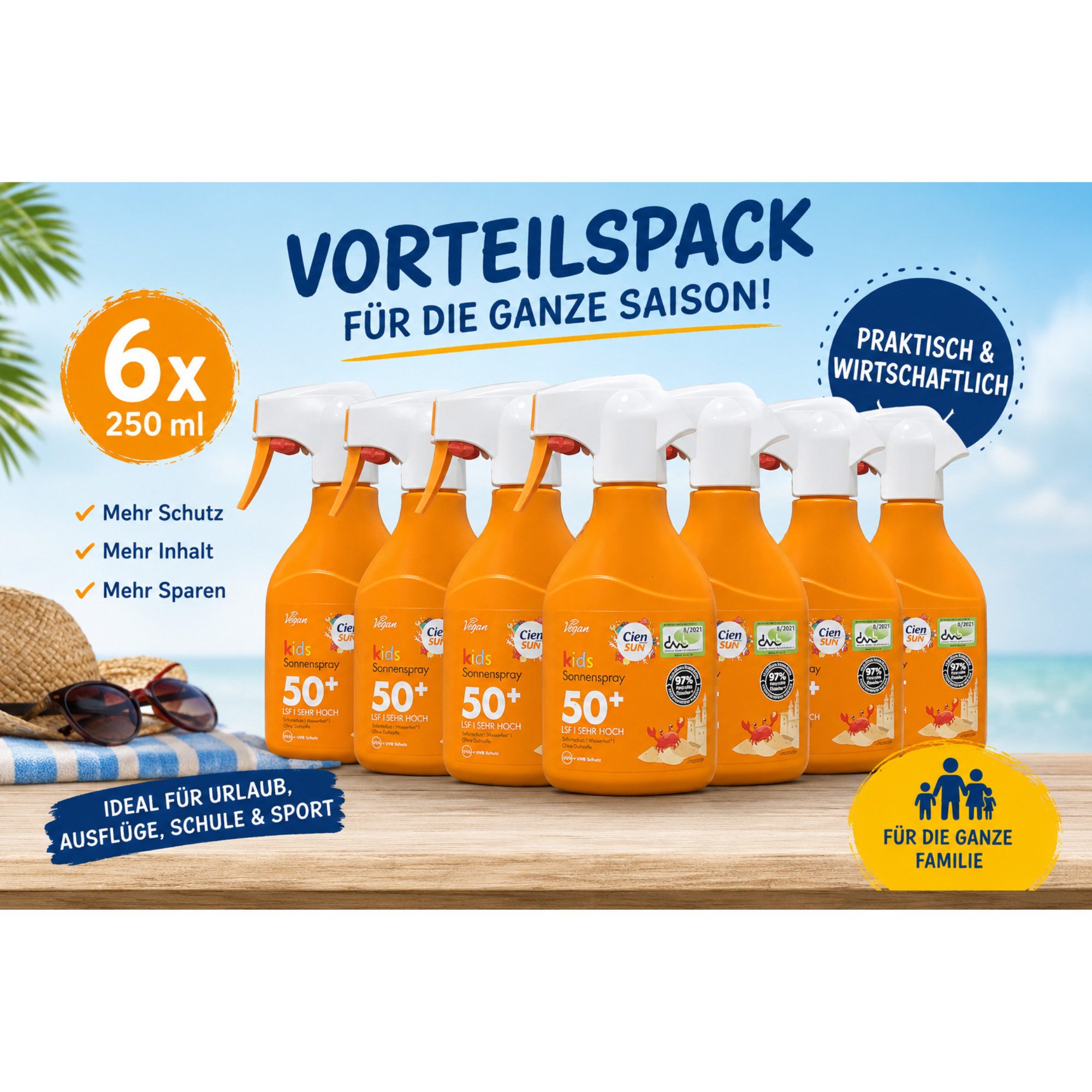 Cien Sonnenschutzspray CIEN Sun Kids Sonnenspray LSF 50+ 6 x 250 ml Vorteilspack, Spar-Set, 8-tlg., 6er Vorteilspack mit LSF 50+ und 2 Gratis After Sun Gesichtsmasken
