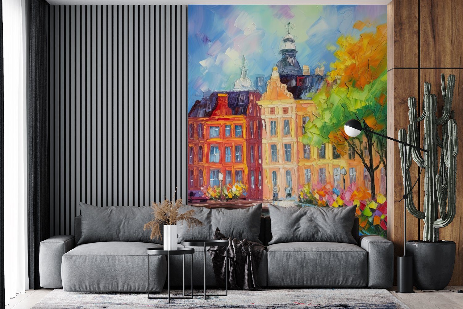 - MuchoWow Ölgemälde - Montagefertig St), Amsterdam bedruckt, Tapete für Wandtapete Wohnzimmer, Fototapete - Kunst (4 Matt, Vinyl Farbenfroh,