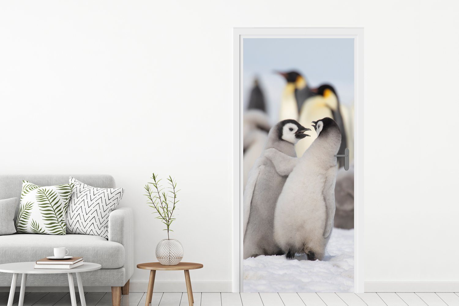 für Schnee Türtapete cm St), MuchoWow Tür, 75x205 - Pinguine Fototapete Türaufkleber, (1 Tiere, Matt, bedruckt, -