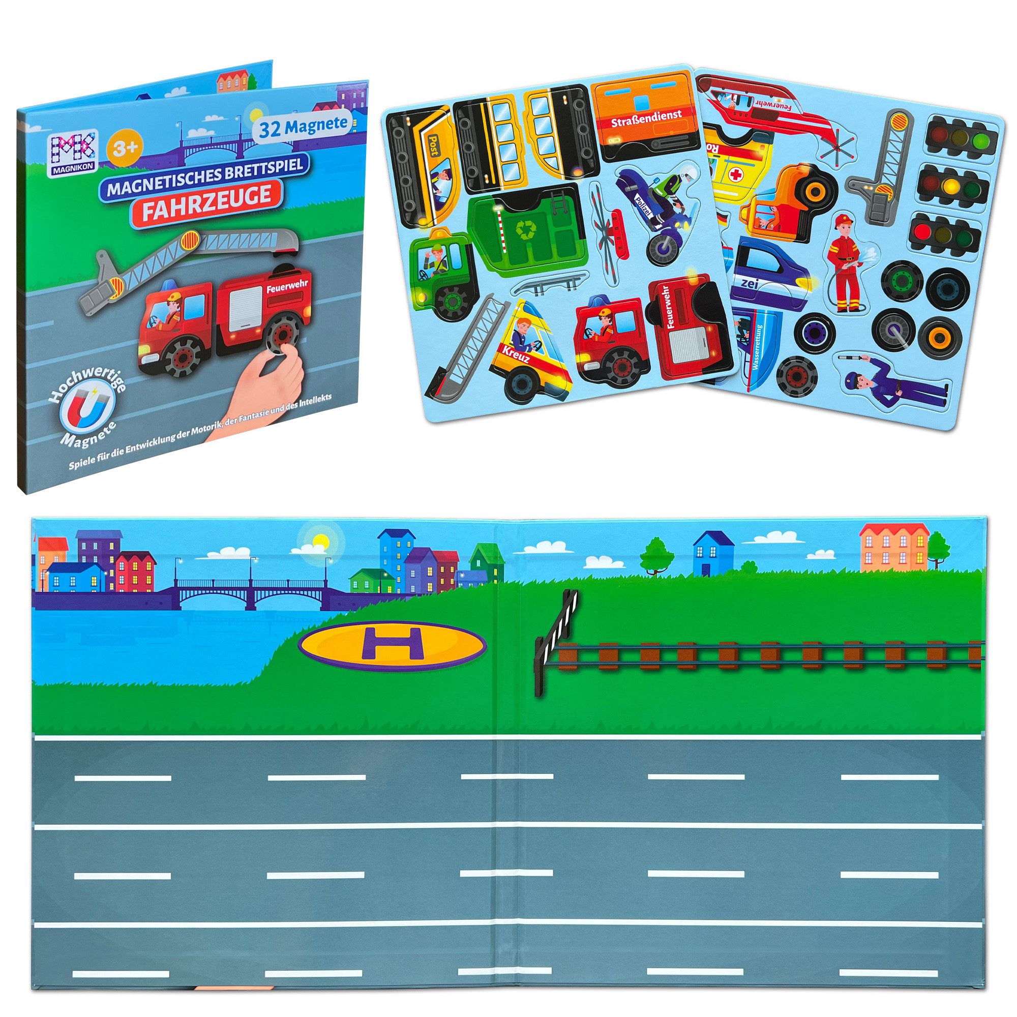 MAGNIKON Spiel Magnetspiel Autofahrt Beschäftigung für Kinder ab 3 Jahren, Magnetspiel Fahrzeuge, 32 Puzzle Magnete
