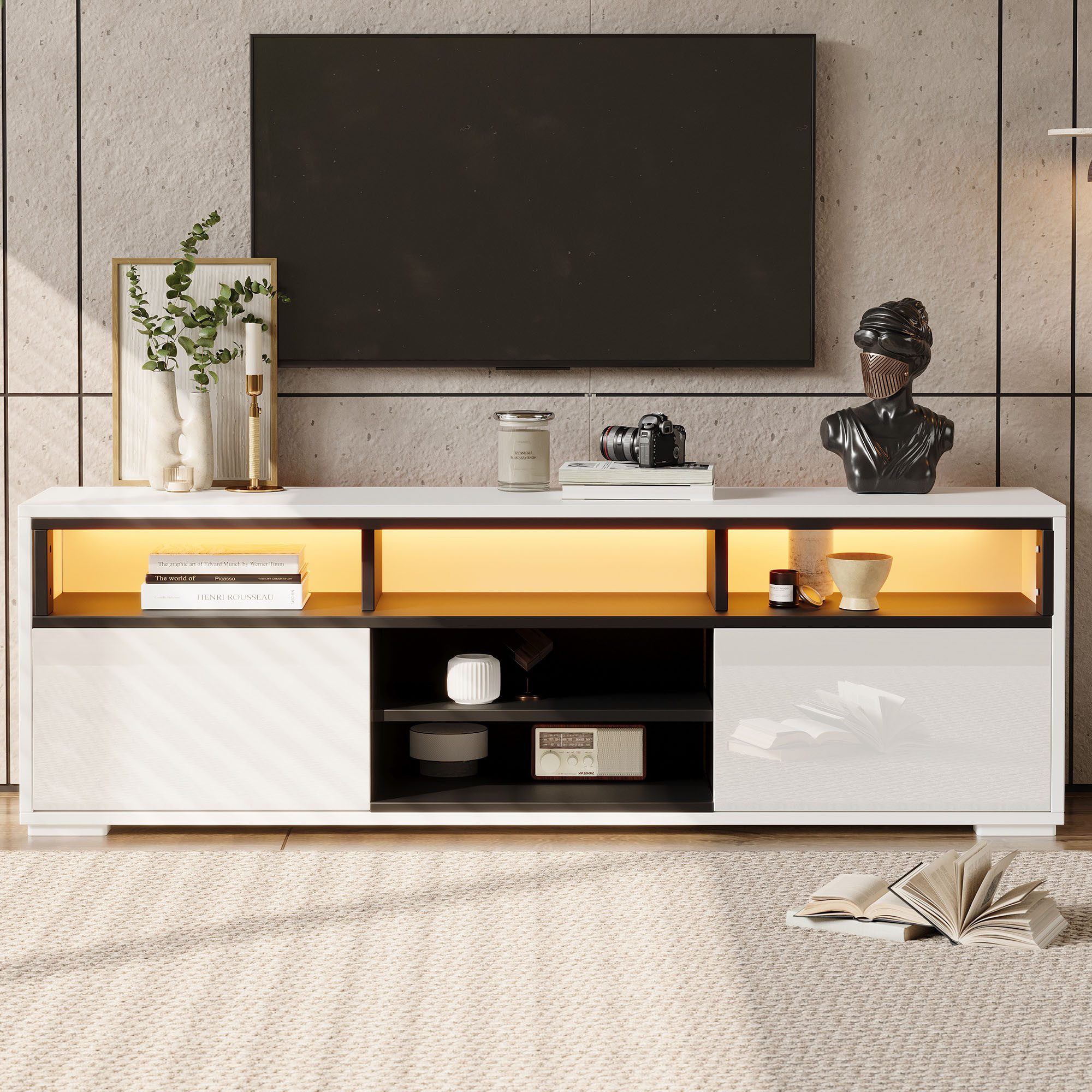 Odikalo Lowboard TV-Bank TV-Schrank Fernsehschrank (LED-TV-Bank aus Hochglanz-Spanplatte, Unterschrank mit zwei Türen,8 Lagerräume)