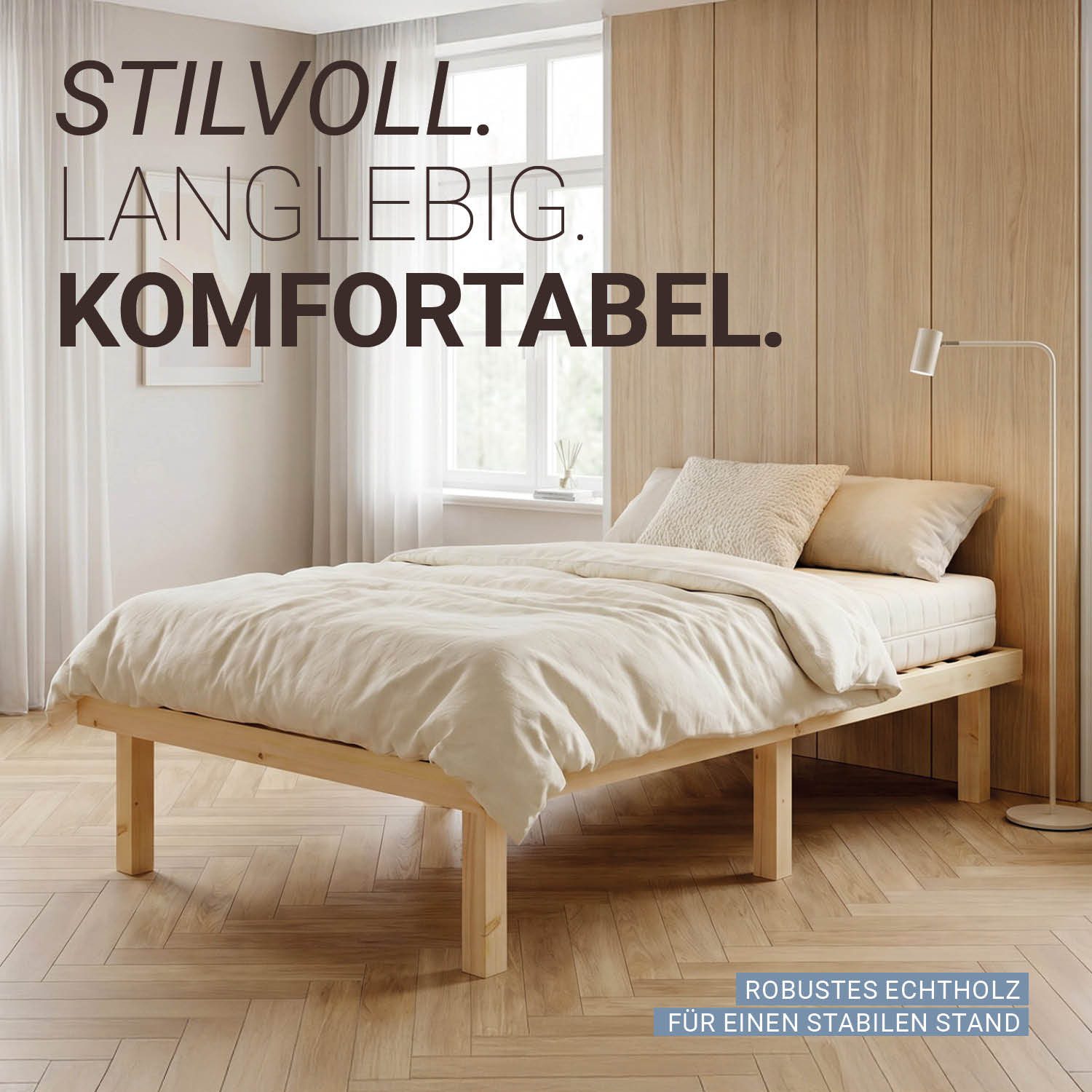 Homestyle4u Palettenbett 90x200 Holzbett Einzelbett Natur Boden Holz ohne Kopfteil Futonbett (Set, mit Lattenrost)