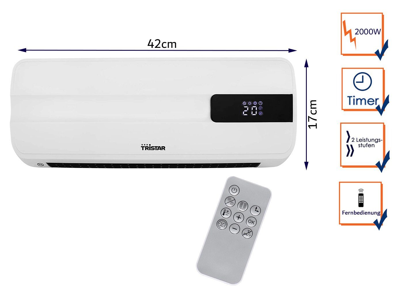 Tristar Keramikheizlüfter, 2000 W, Keramische Elektro Heizung Wandmontage Timer Fernbedienung, 42cm breit