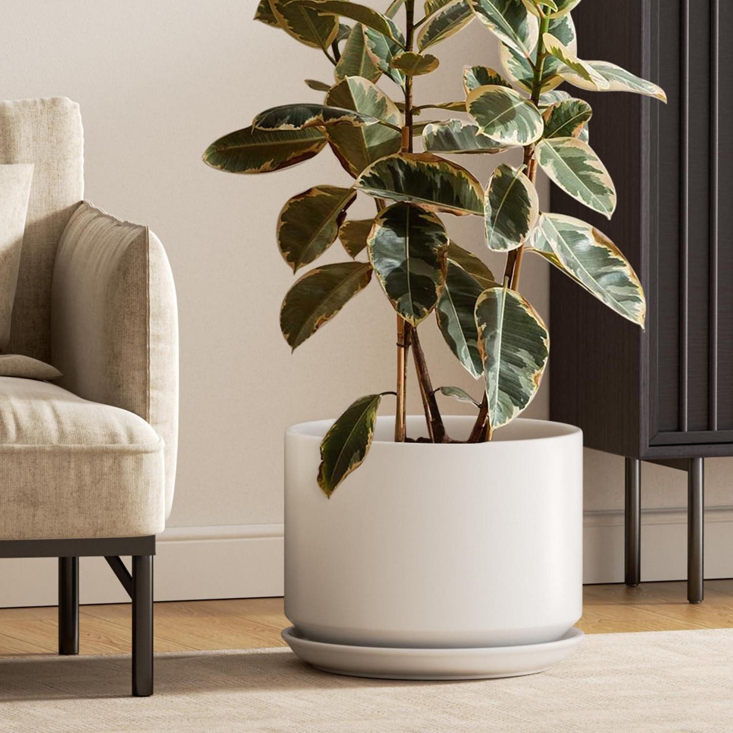 LuxusKollektion Blumentopf Blumentopf Keramik Zimmerpflanzen Untersetzer Abflussloch Weiß 30cm