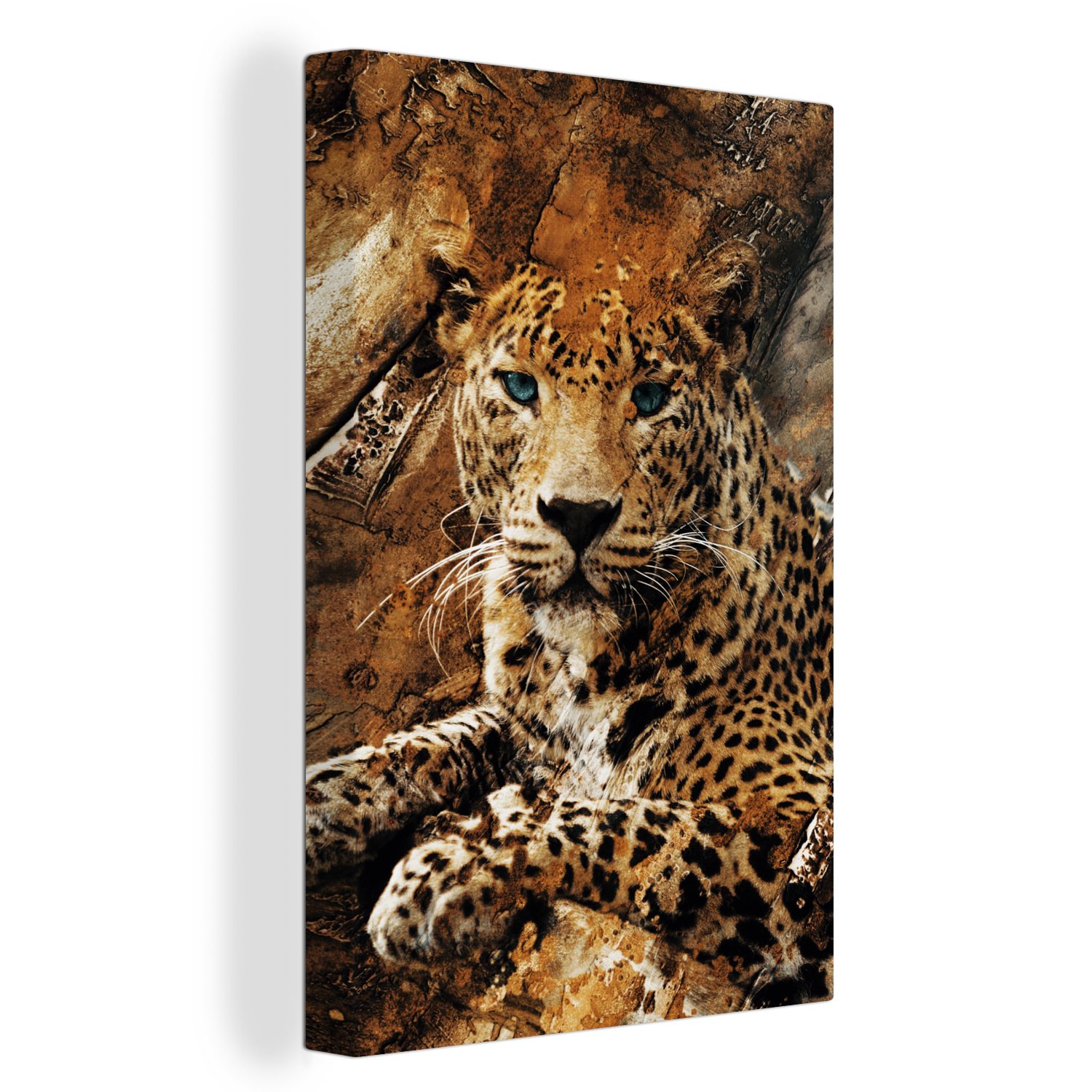 OneMillionCanvasses® Leinwandbild Leopard - Steine - Wand, (1 St), Leinwandbild fertig bespannt inkl. Zackenaufhänger, Gemälde, 20x30 cm