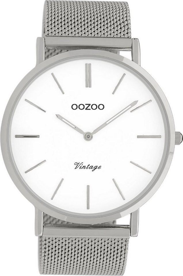 OOZOO Quarzuhr Oozoo Herren Armbanduhr silber Analog, Herrenuhr rund, groß  (ca. 44mm) Edelstahlarmband, Fashion-Style, Sehr flache Gehäuse-Höhe von  nur ca. 7 mm