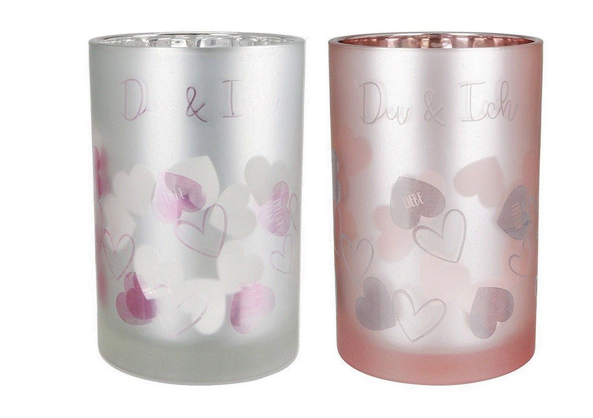 L, hoch, "Du&Ich" GILDE pink+silber Windlicht 18cm SET-Glas Größe Windlicht 2er