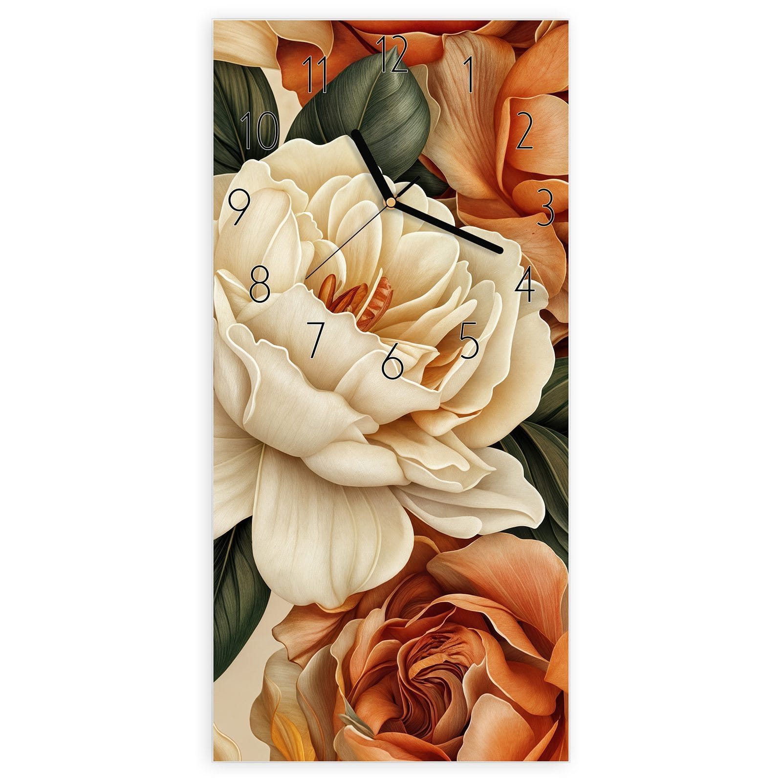 Primedeco Wanduhr Glasuhr Wandkunst Größe 30 x 60 cm mit Motiv Blumenpracht