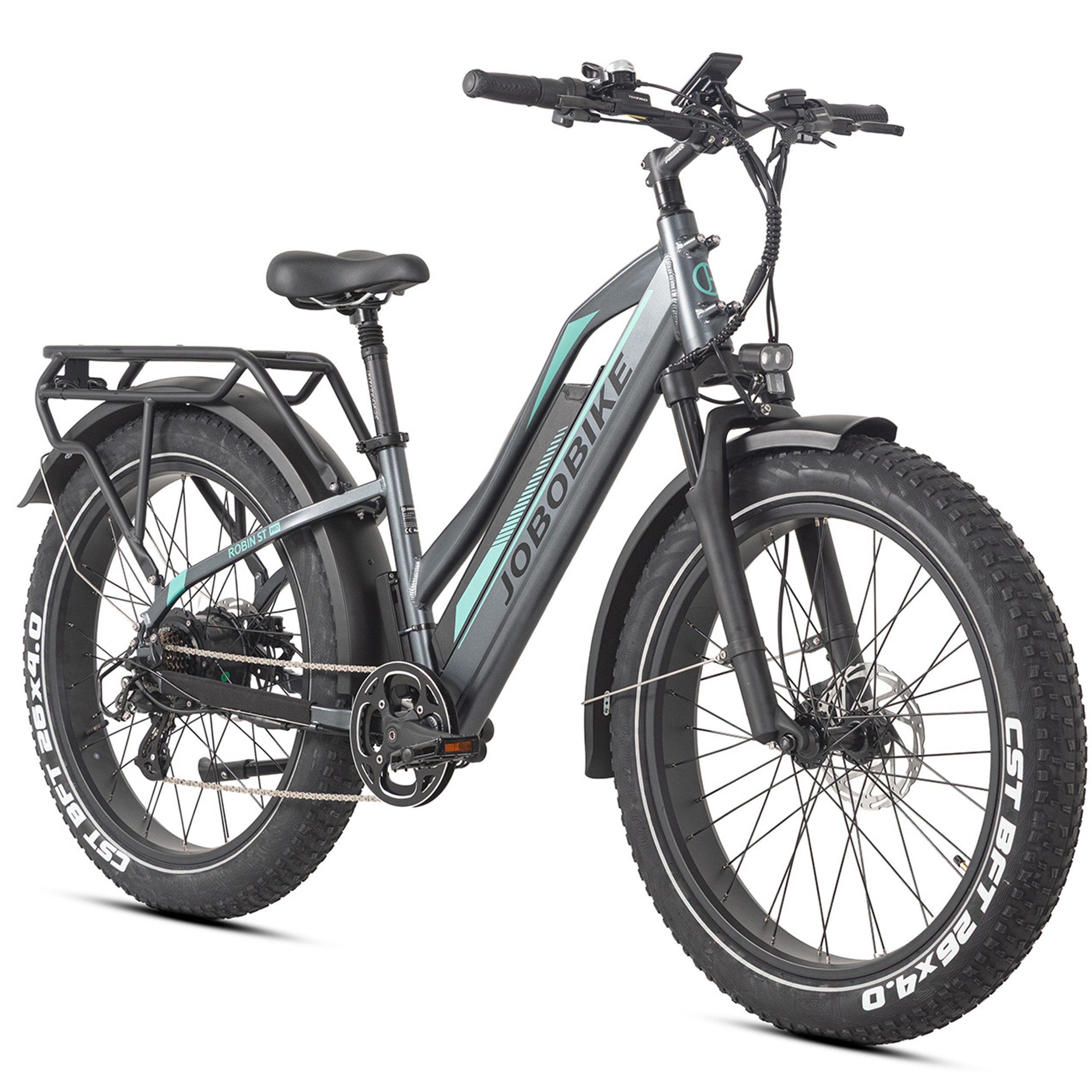 JOBOBIKE E-Bike Mountainbike 26 Zoll, Fatbike, MTB, max. 180km, Bremslicht- und Blinkerfunktion, 7 Gang Shimano, Kettenschaltung, Heckmotor, 840 Wh, (LCD-Farbdisplay, für Asphalt, Schotter und Gelände, Aluminiumrahmen), Robin Pro, 840Wh, Trapezrahmen, Fed