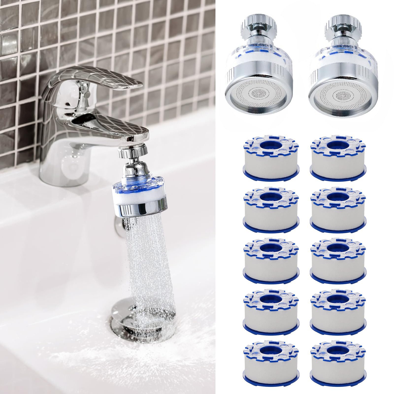 Diwzbyn Wasserhahnfilter Wasserhahnfilter 360° drehbar für Küche, Kalk & Chlor Filter, Für Küche & Bad, reduziert Fluorid, verbessert hartes Wasser