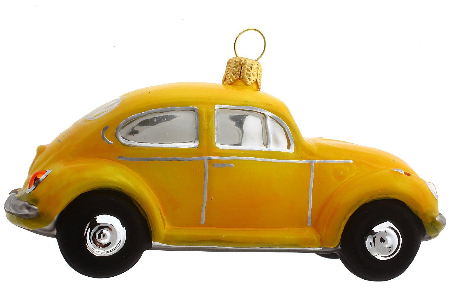 VW Weihnachtskontor gelb, Käfer mundgeblasen Hamburger handdekoriert Dekohänger Christbaumschmuck - -