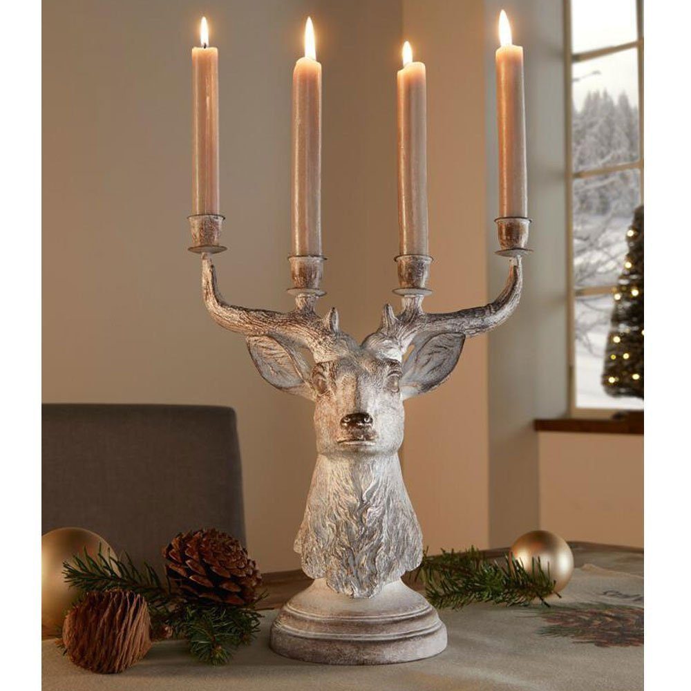 Home-trends24.de Kerzenhalter Hirsch Kerzenständer Kerze Polyresin Silber Tisch Deko