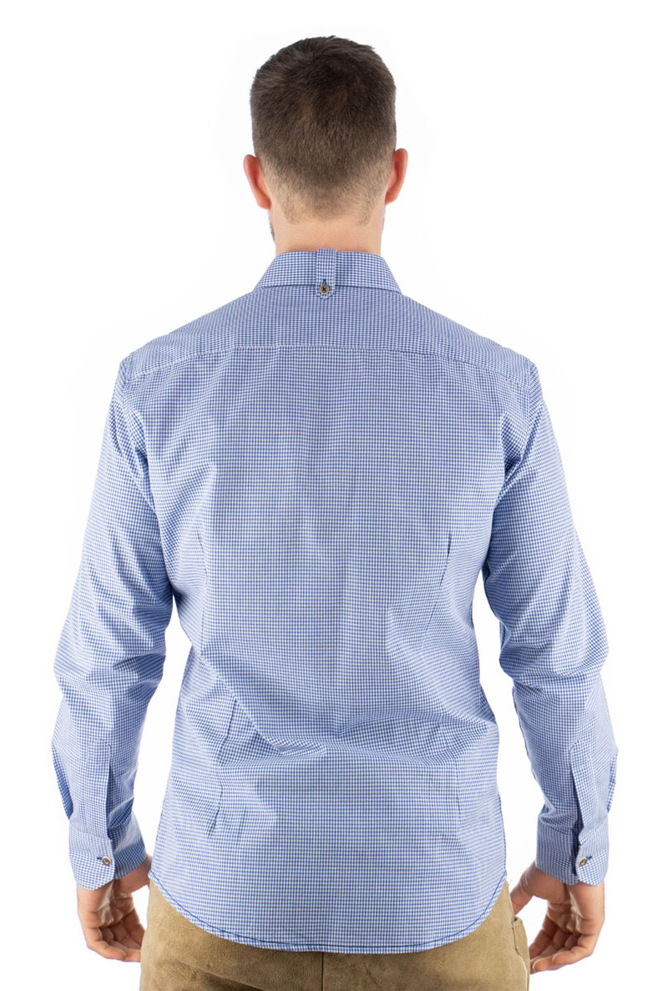 Langarmhemd mittelblau auf Hirsch-Stickerei OS-Trachten Kragenriegel Trachtenhemd Frusla dem mit