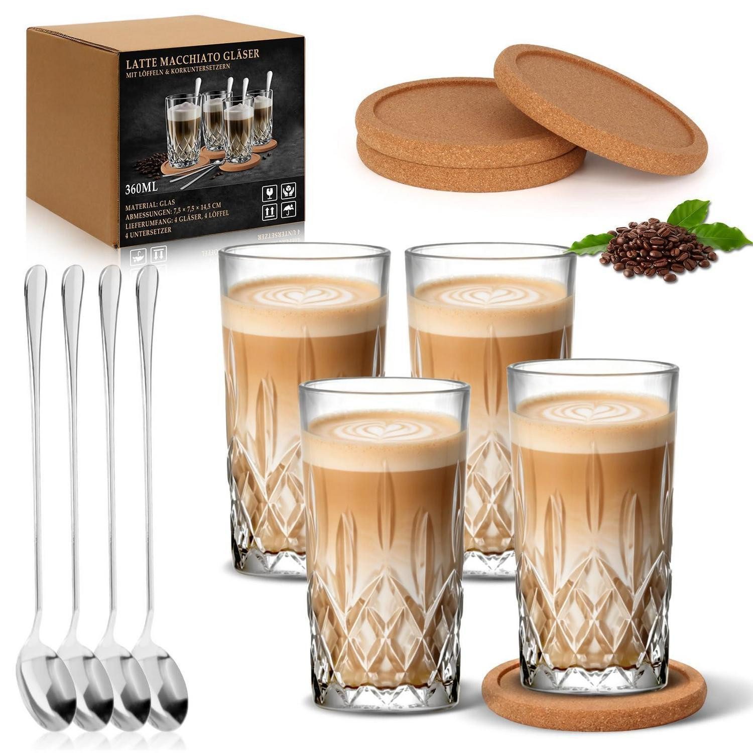 LuxusKollektion Latte-Macchiato-Glas 4er Set Latte Macchiato Gläser 360ml mit Löffel & Untersetzer