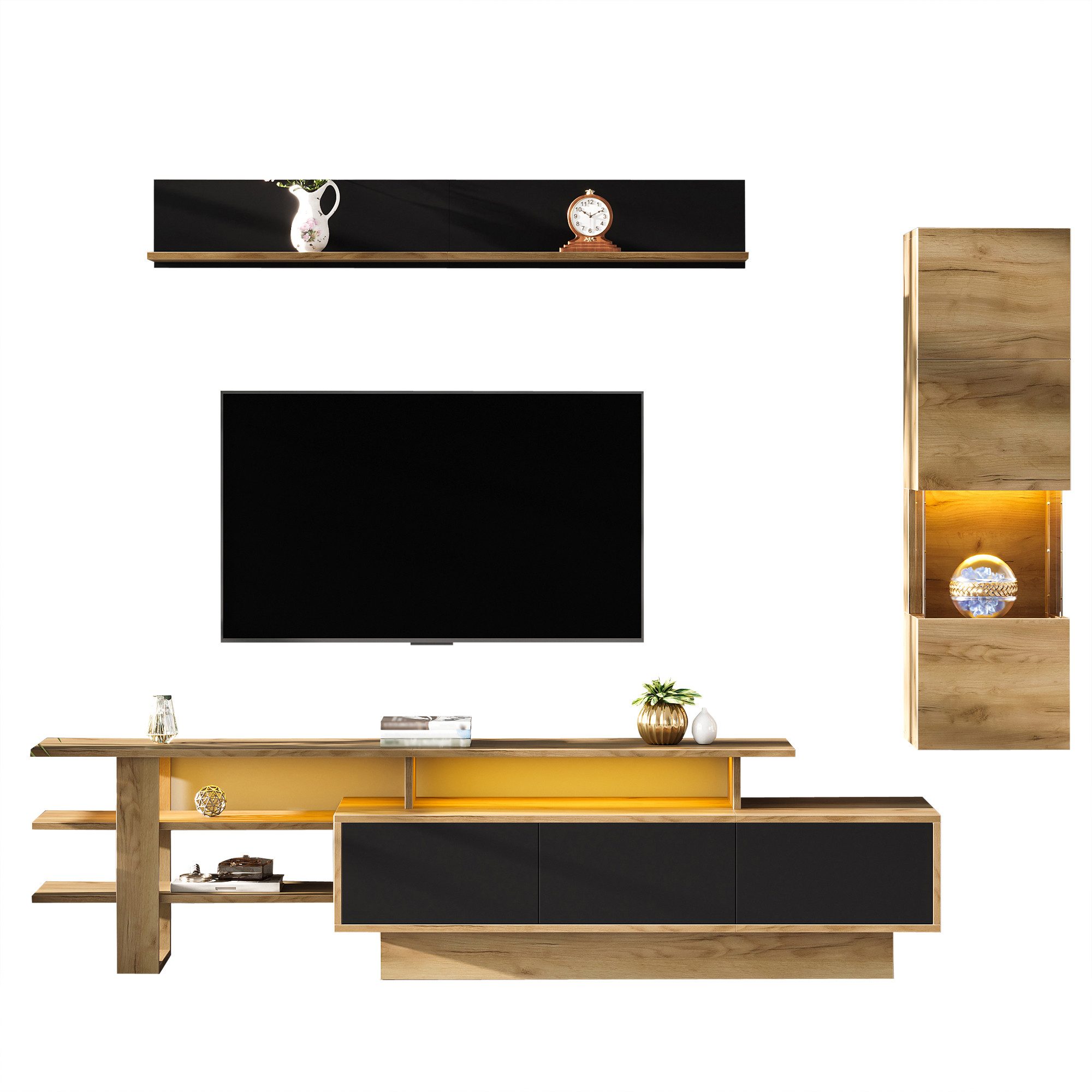 KLAM HOME Wohnwand 3-tlg. TV Wohnwand Set Schwarz + Holzoptik mit LED, (Wohnzimmer Set mit TV-Schrank, Vitrine & Hängeregal bis 80), TV Möbel Set mit 3 Schubladen & App-LED-Beleuchtung
