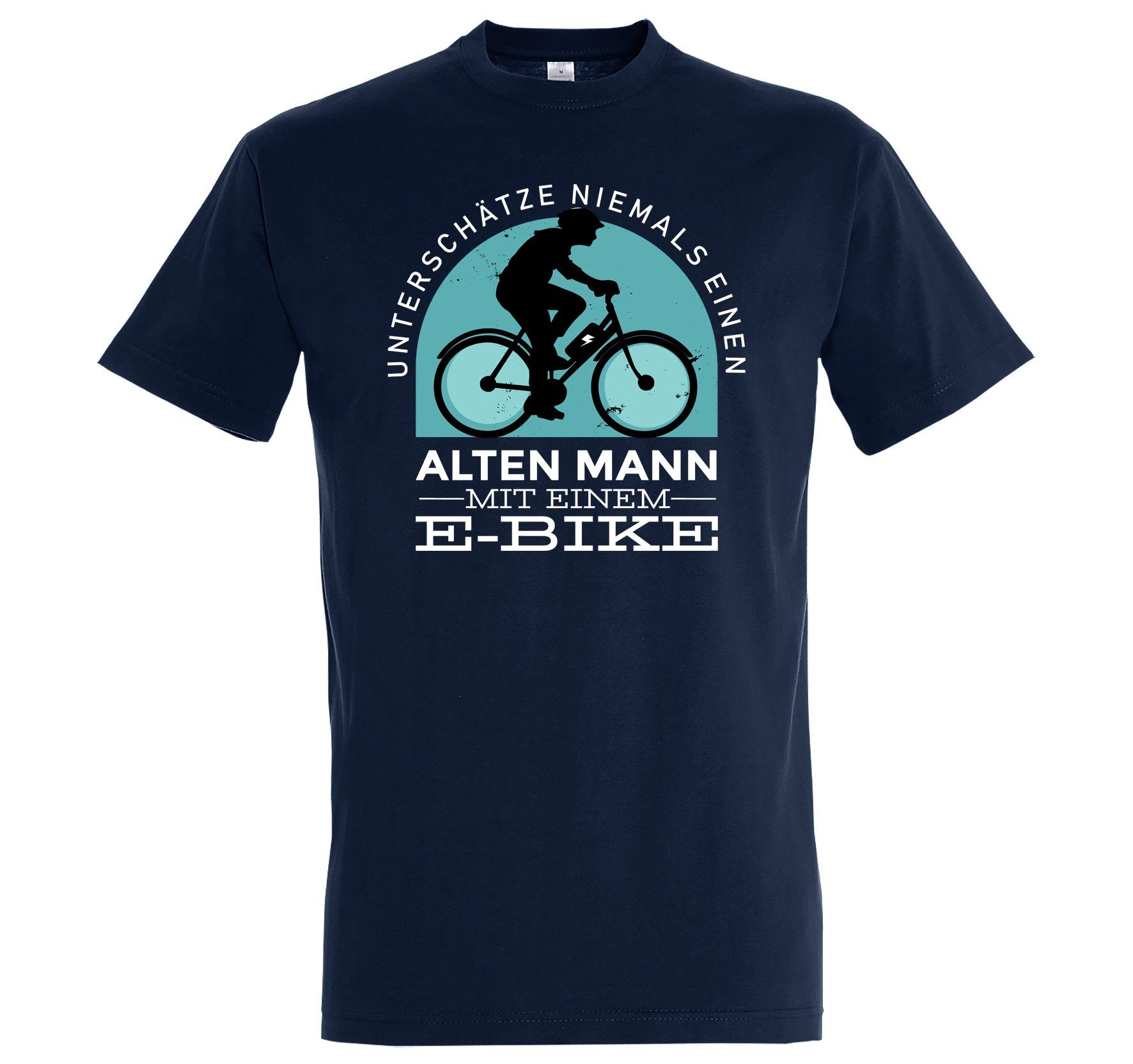 Youth Designz T-Shirt Alter Mann mit E-Bike Herren Shirt mit lustigem Fahrrad Frontprint Navyblau