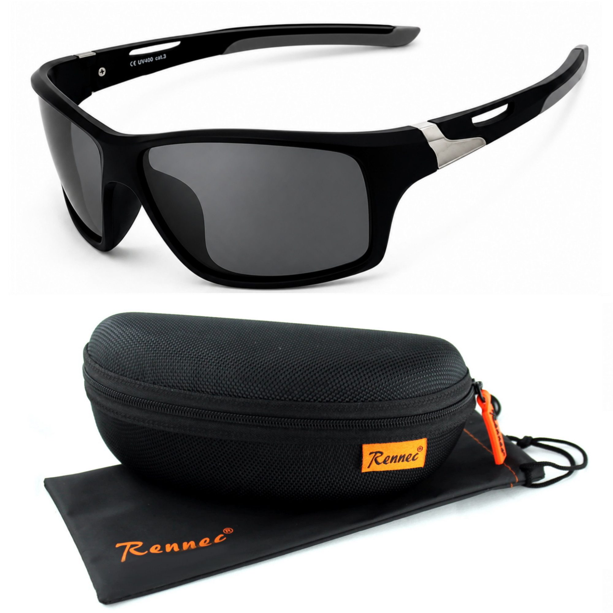 Rennec Sonnenbrille Herren Sportbrille Radbrille Polarisiert mit Outdoor Hardcase Gläser Schwarz Getönt, Rot oder Blau Verspiegelt, Gelb Night Vision