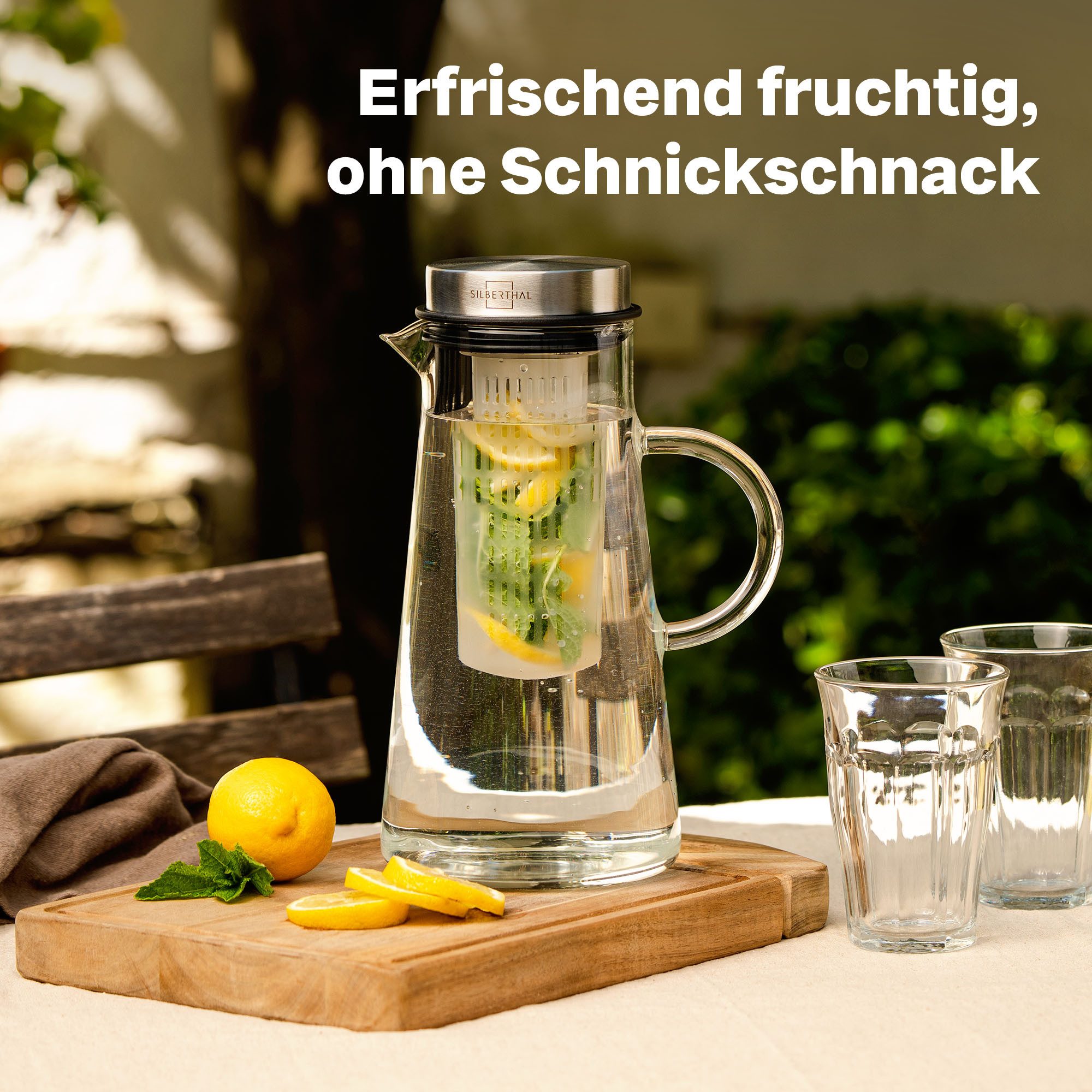 SILBERTHAL Wasserkaraffe Glas mit Deckel 2er Set 2 Liter mit Fruchtsieb & Deckel, (2-tlg), für Kalt- & Heißgetränke
