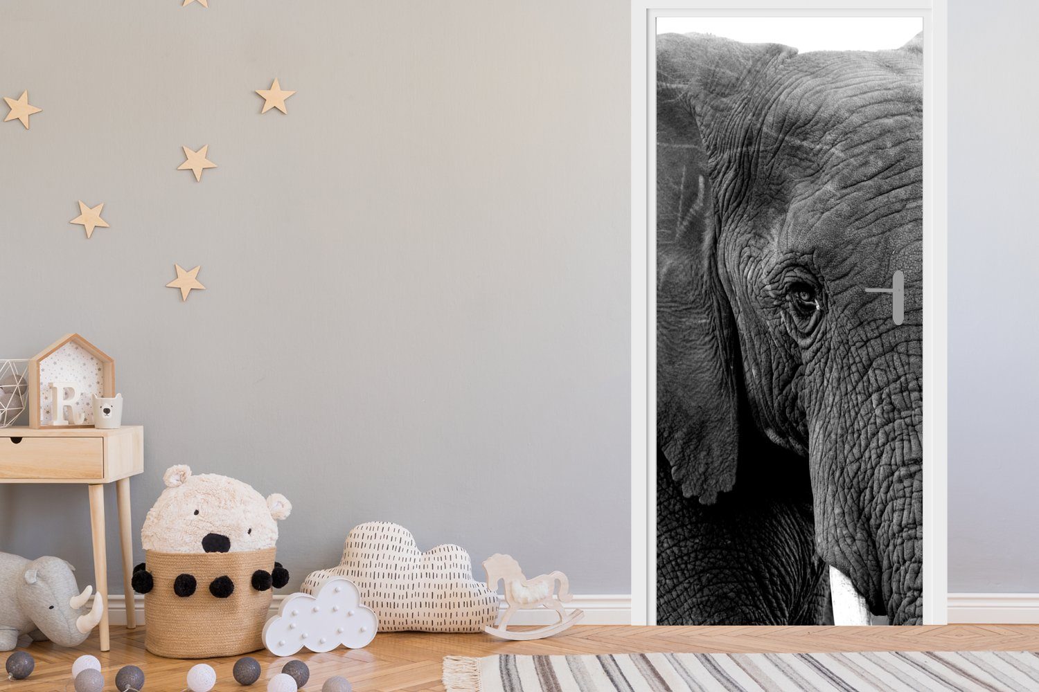 Türtapete - - bedruckt, für Elefant Tür, cm Schwarz Türaufkleber, (1 Tiere Weiß MuchoWow - Natur, St), - 75x205 Fototapete Matt,