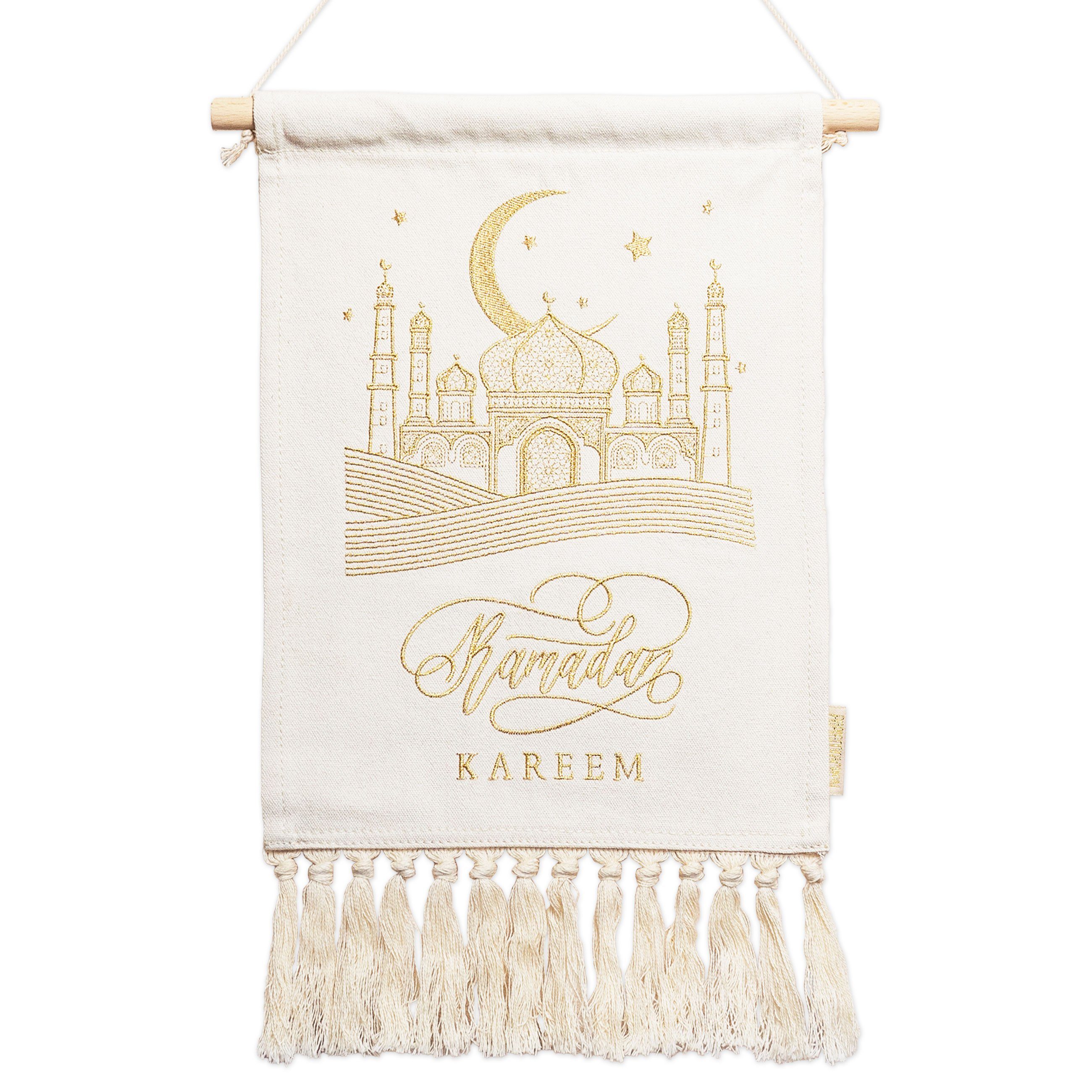 PAPIERDRACHEN Wanddekoobjekt Ramadan Wandbehang als dekorativer Hingucker - hochwertig Bestickt, beige & gold - wiederverwendbar