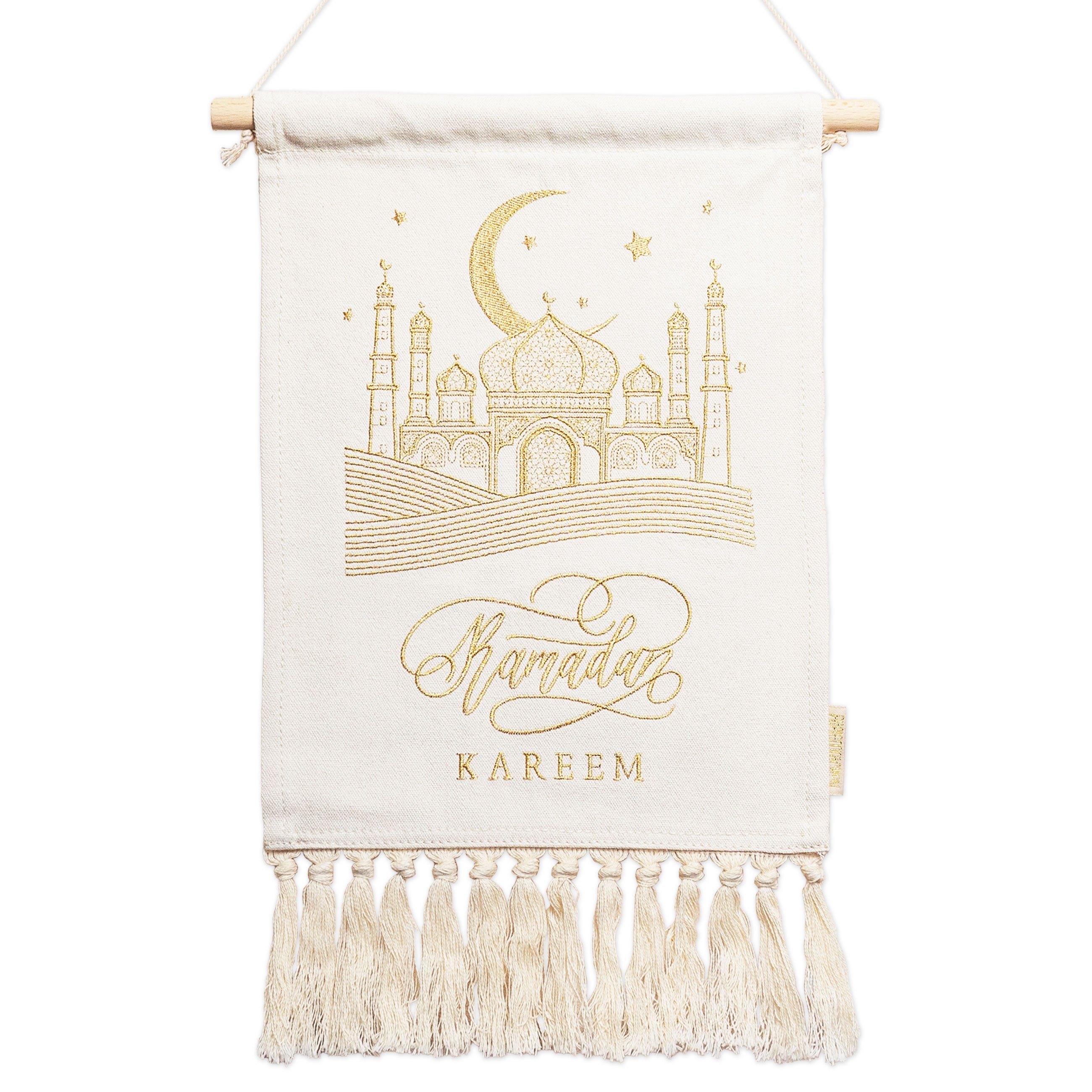 PAPIERDRACHEN Wanddekoobjekt Ramadan Wandbehang als dekorativer Hingucker -  hochwertig Bestickt, beige & gold - wiederverwendbar