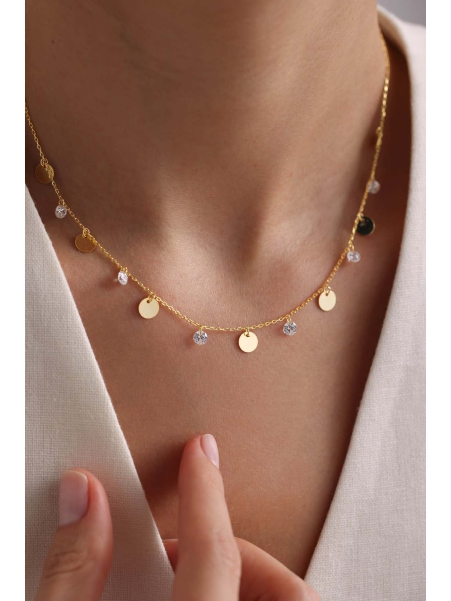 Nisan Kette und Anhänger Set, 925er Silber Женщинам Halskette – Vergoldete Plättchen-Kette mit Zirkonia