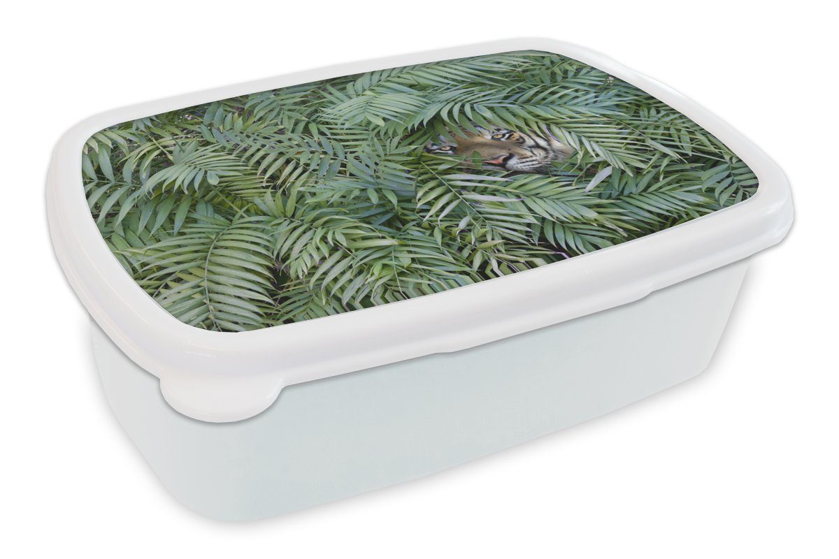 MuchoWow Lunchbox Tiger - Blätter - Farn, Kunststoff, (2-tlg), Brotbox für Kinder und Erwachsene, Brotdose, für Jungs und Mädchen weiß