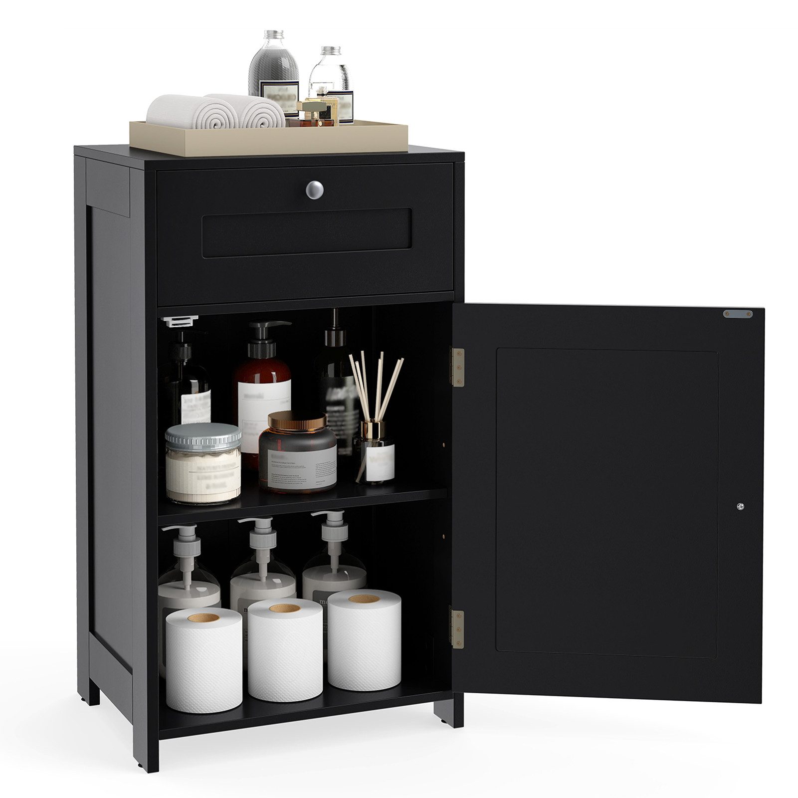 COSTWAY Badkommode mit 3-stufig verstellbarem Einlegeboden & Kippersicherungen, Freistehender Bodenschrank für Wohnzimmer, Badezimmer, Küche