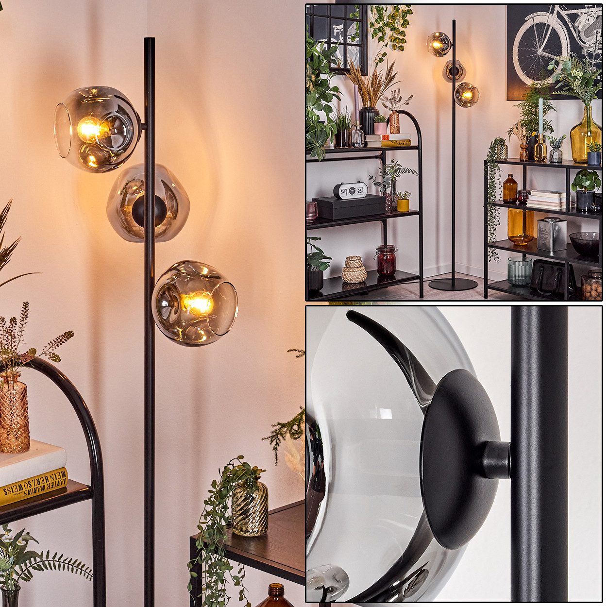 Stehlampe Stehlampe aus Metall/Glas in Schwarz/Chrom/Rauch/Klar mit Fußschalter