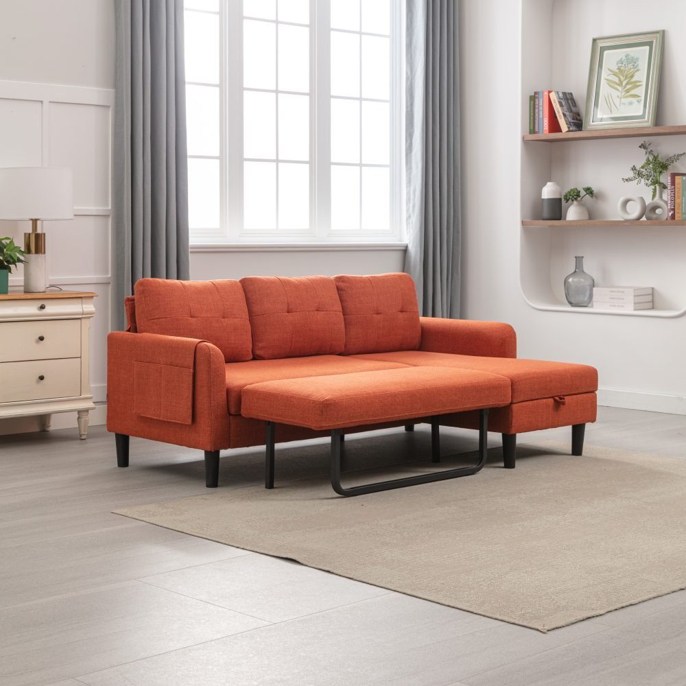 BlingBin Ecksofa Couch in L-Form Sofa Eckcouch Polsterecke mit Stauraum, 1er Set 1 Teile, mit Schlaffunktion, Stauraum-Chaise, mit Hocker Couch Orange | Orange