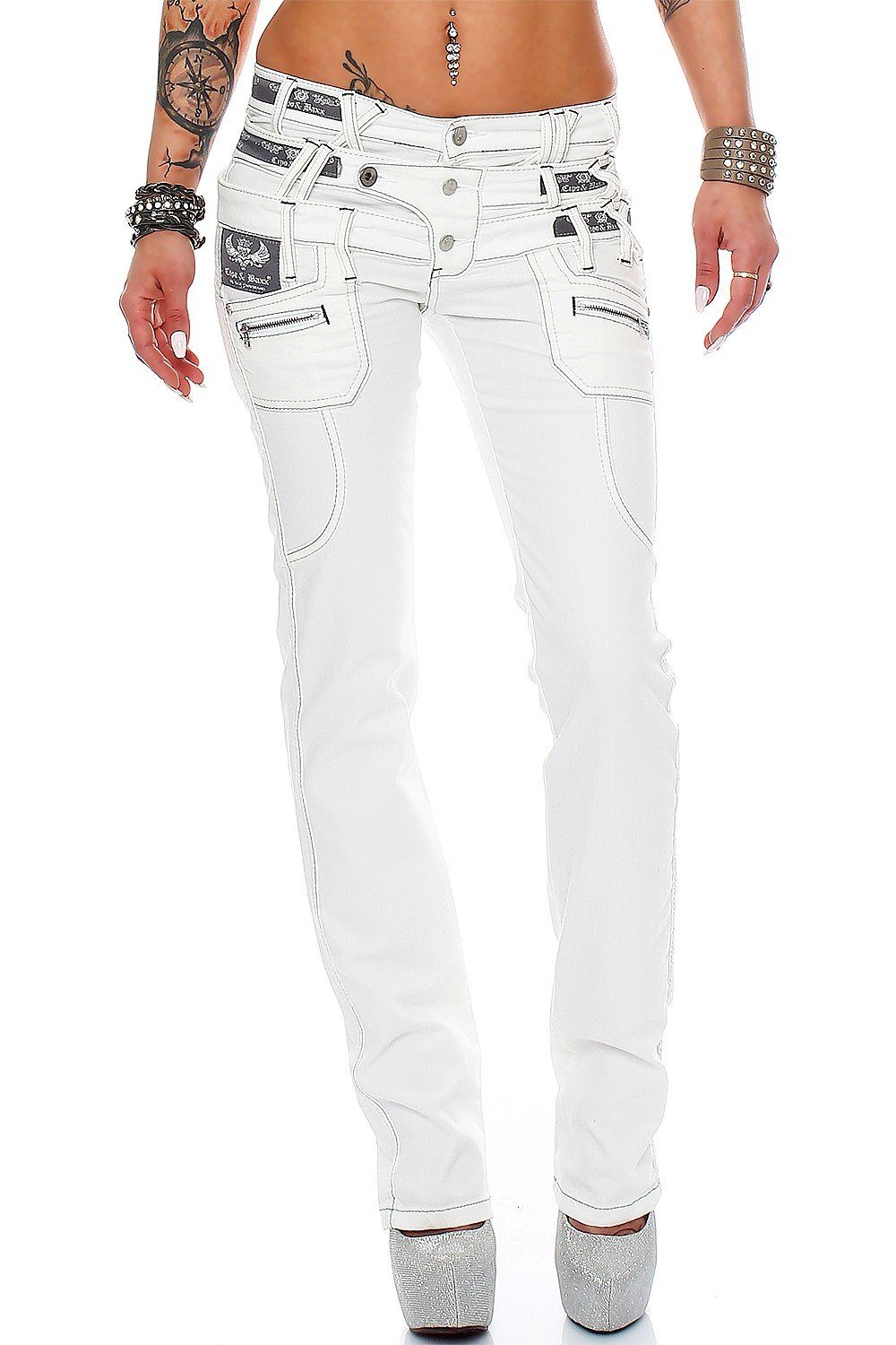 Cipo & Baxx 5-Pocket-Jeans »Damen Hose BA-CBW0245« Weiße Biker Jeans mit  Zippern