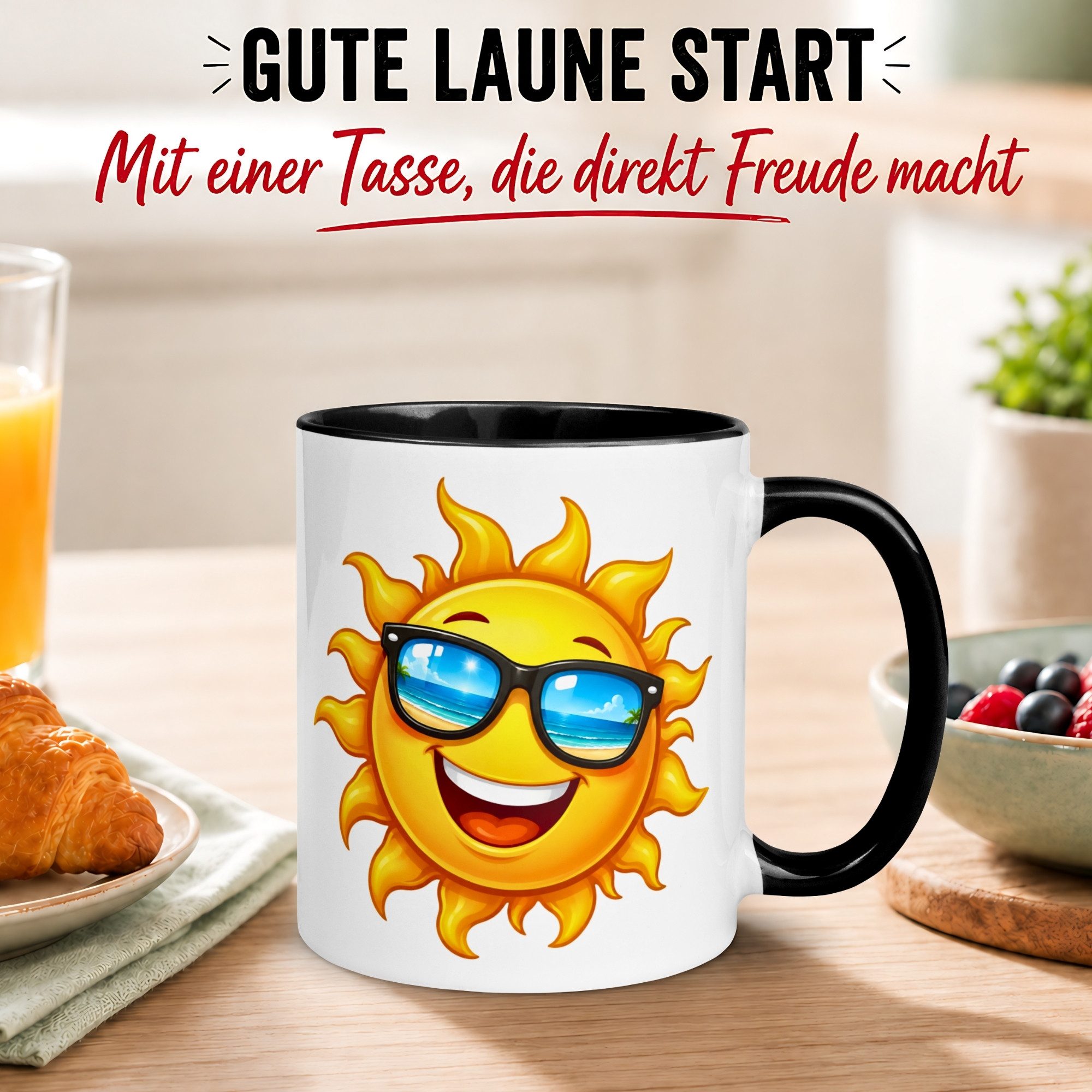 Momentals Tasse Guten Morgen – „Strahlende Sonne mit Sonnenbrille“ – Morgenmuffel, Gratis Versand · Links-&Rechtshänder · Spülmaschinenfest