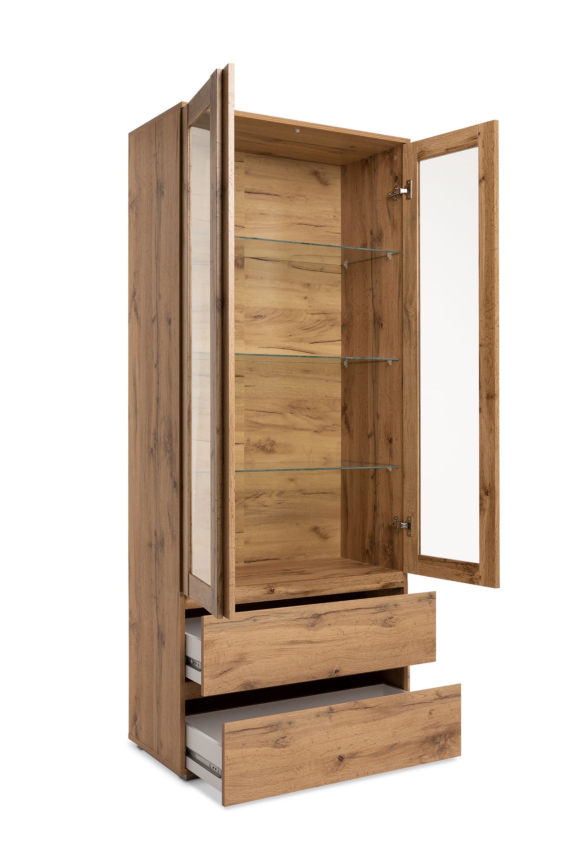 Newroom Standvitrine Dekor Honig Eiche 80 cm Vitrine Honig Eiche Dekor Vitrinenschrank Modern Wohnzimmer Küche
